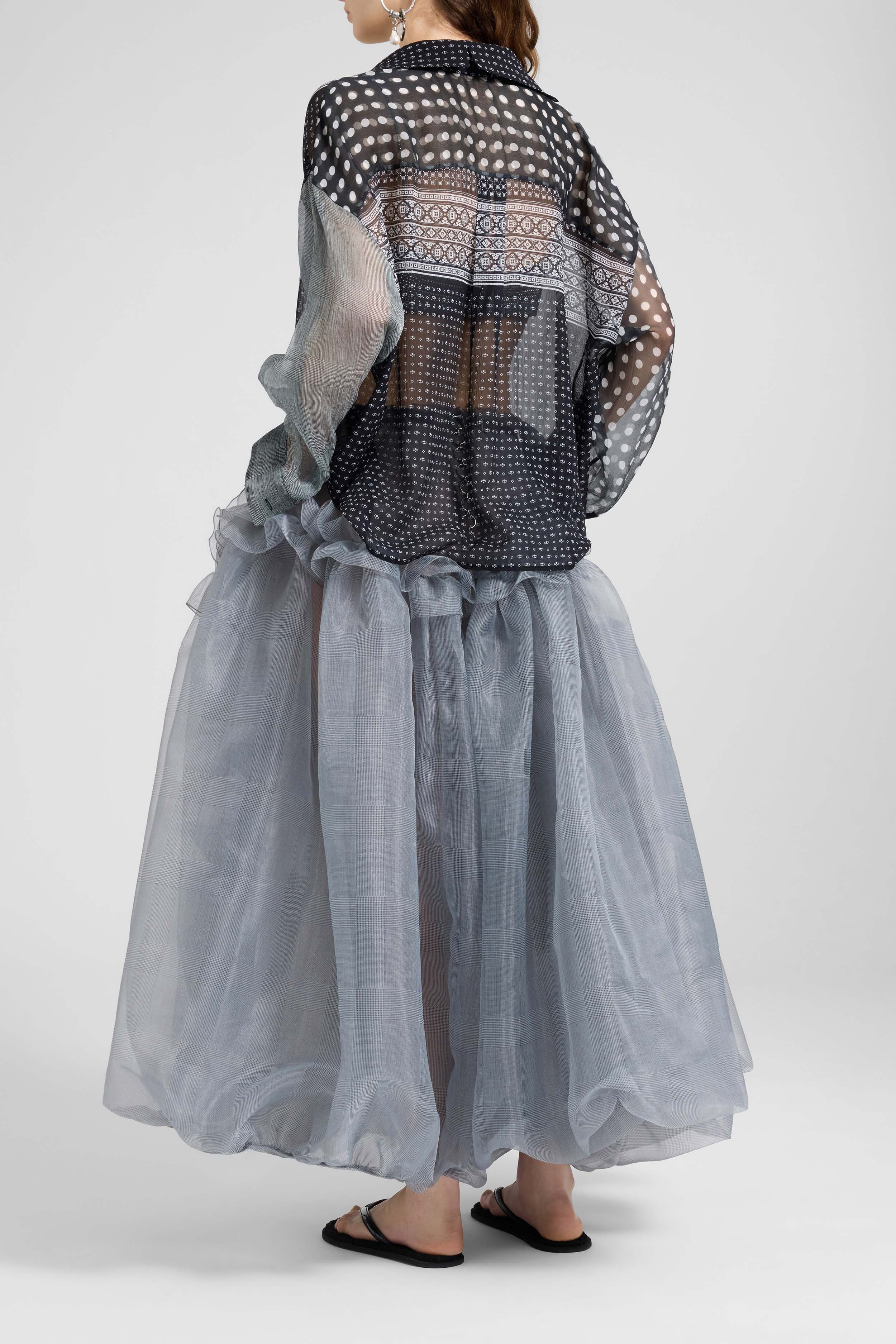 Asymmetric balloon skirt in grey technical organza with Prince of Wales print - Image 5