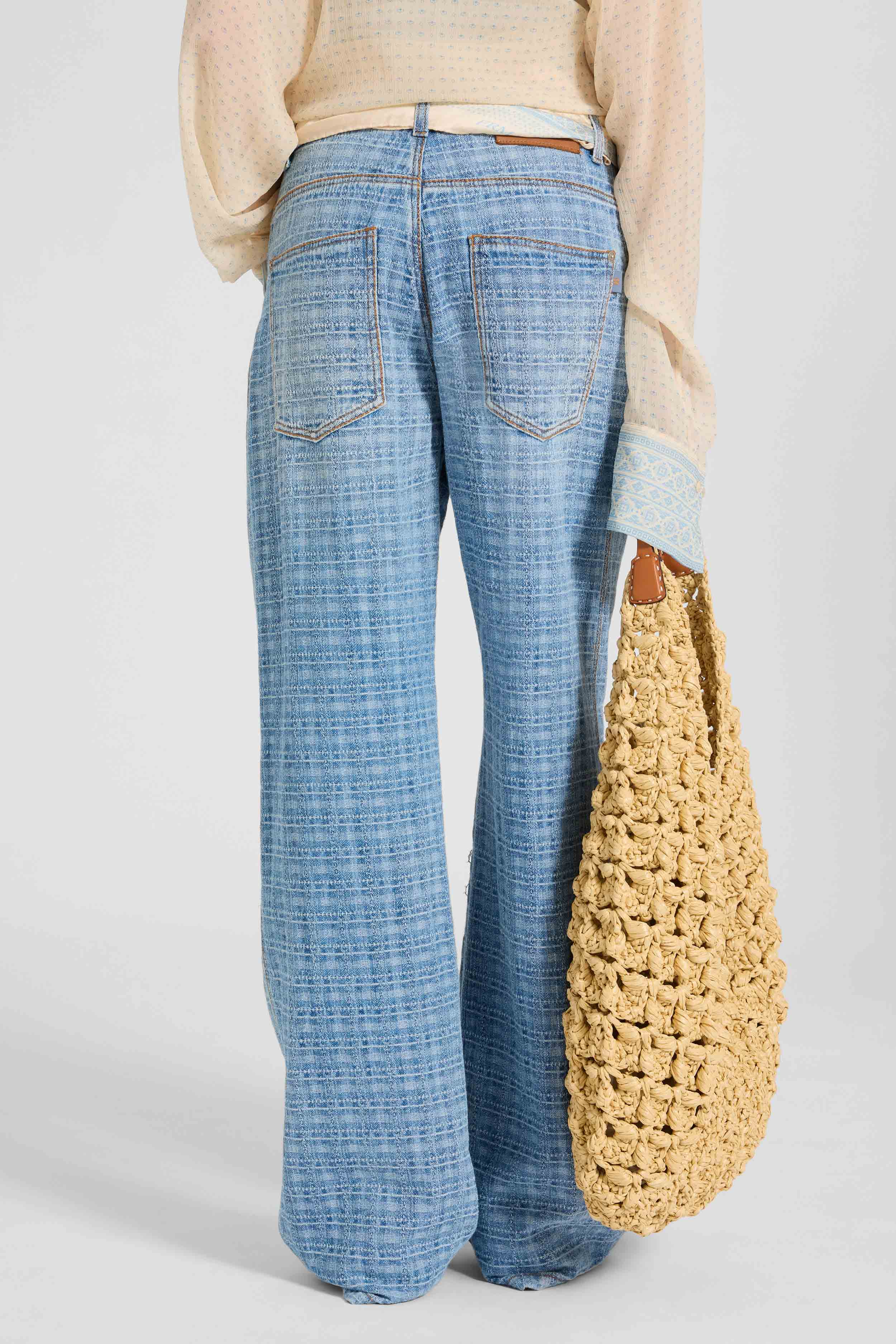 Baggy trousers in jacquard check denim with printed silk scarf belt - Image 5