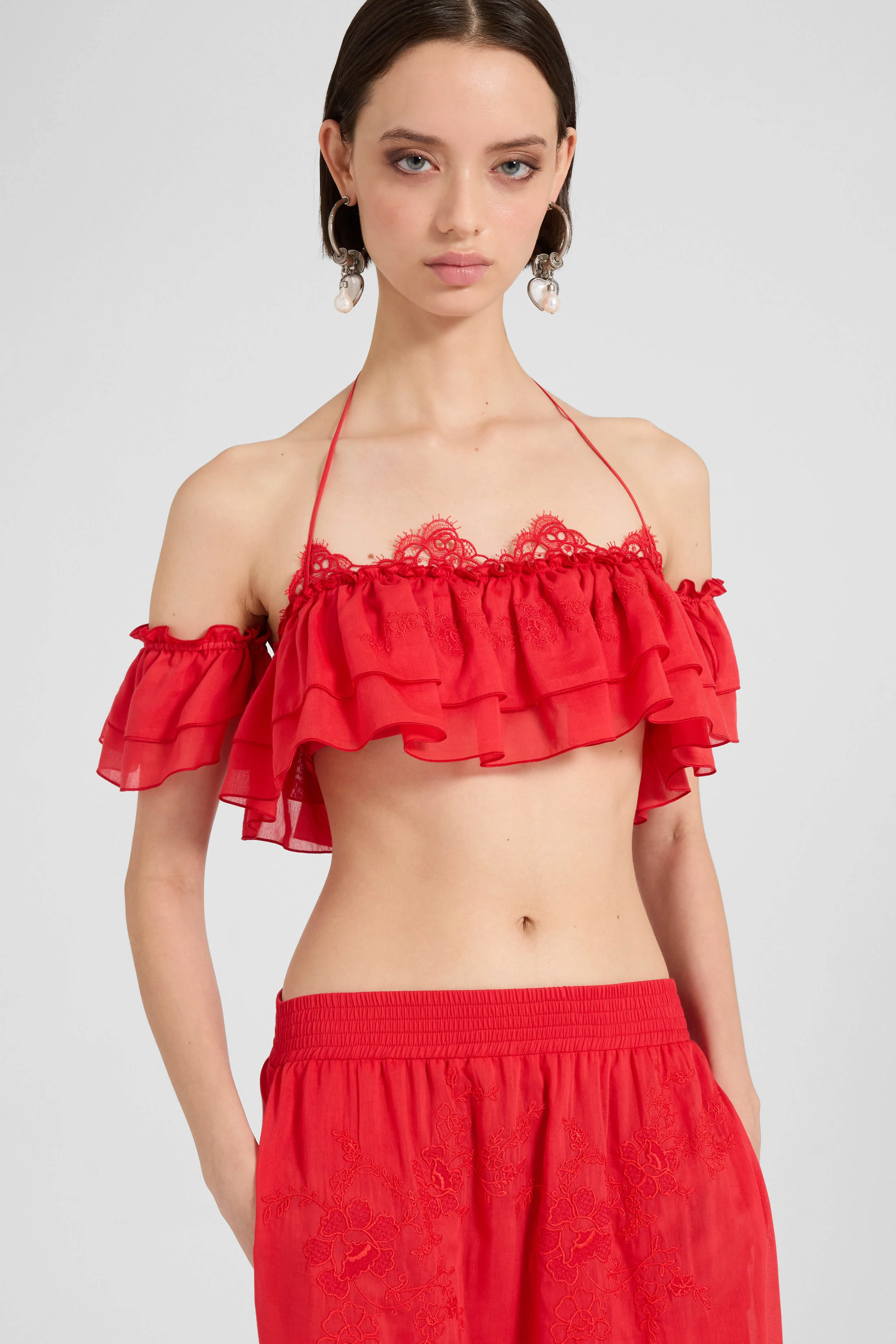 Bandeau top in silk and cotton with volant and rebrodé lace - Image 3