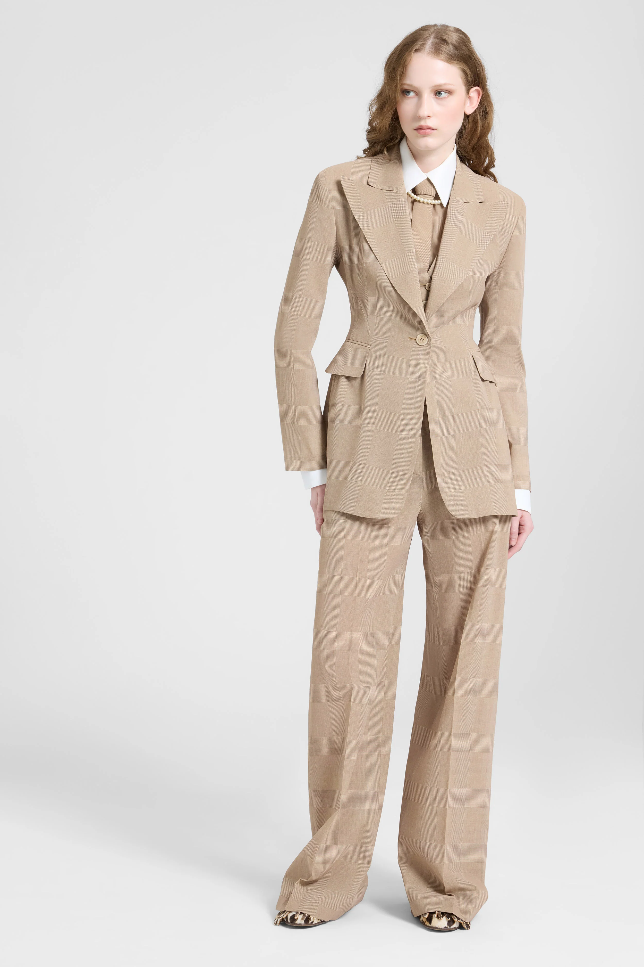 Beige and white Prince of Wales technical georgette shirt - Image 3
