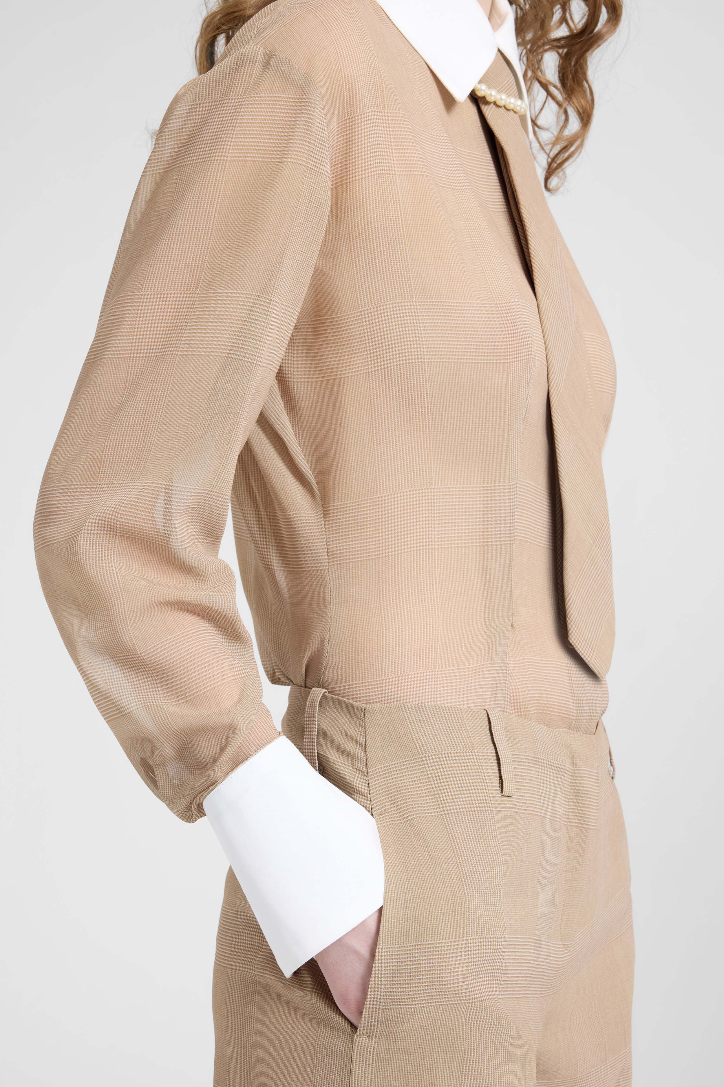 Beige and white Prince of Wales technical georgette shirt - Image 4