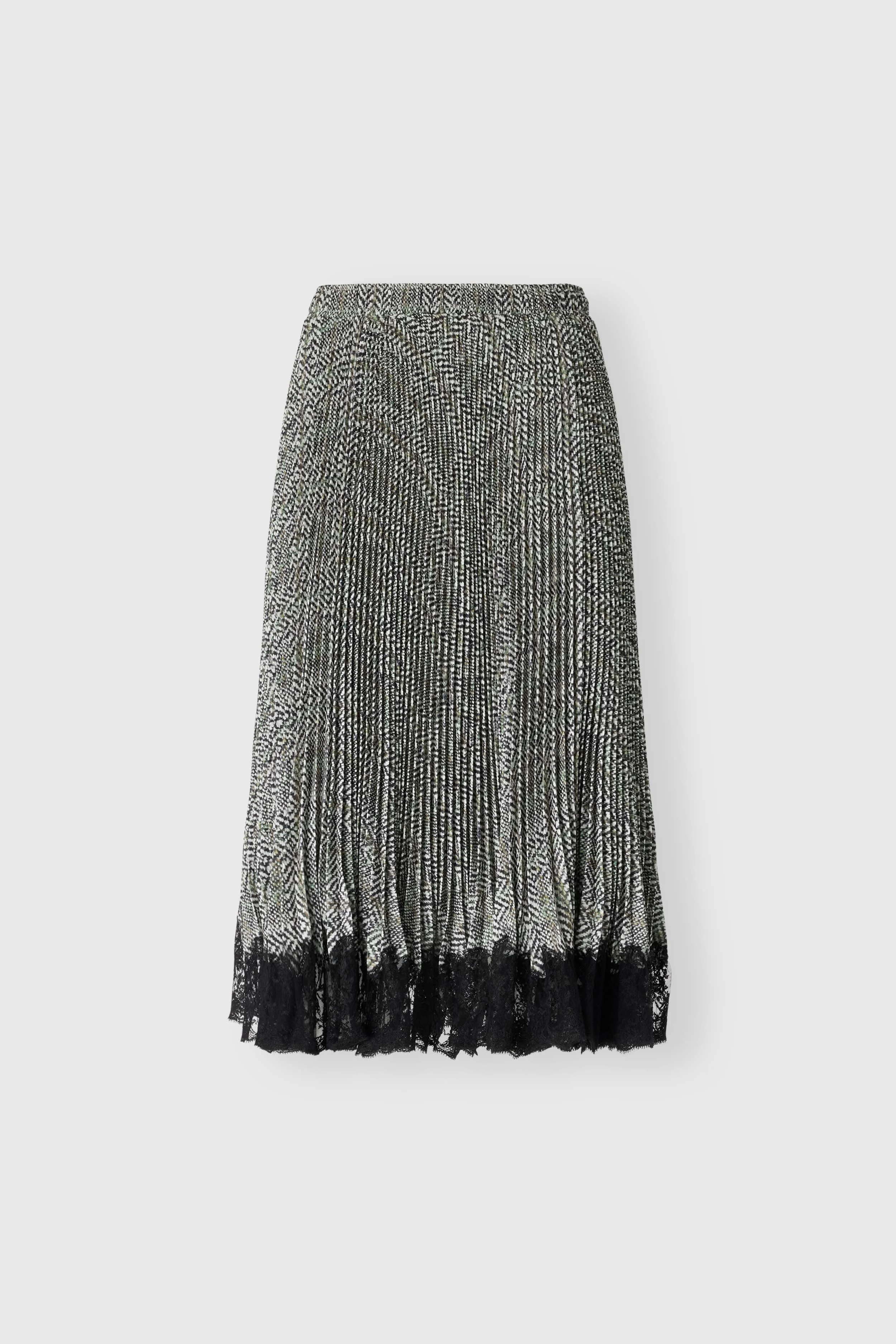 Below-the-knee pleated skirt in cady with resca print and contrasting lace hem