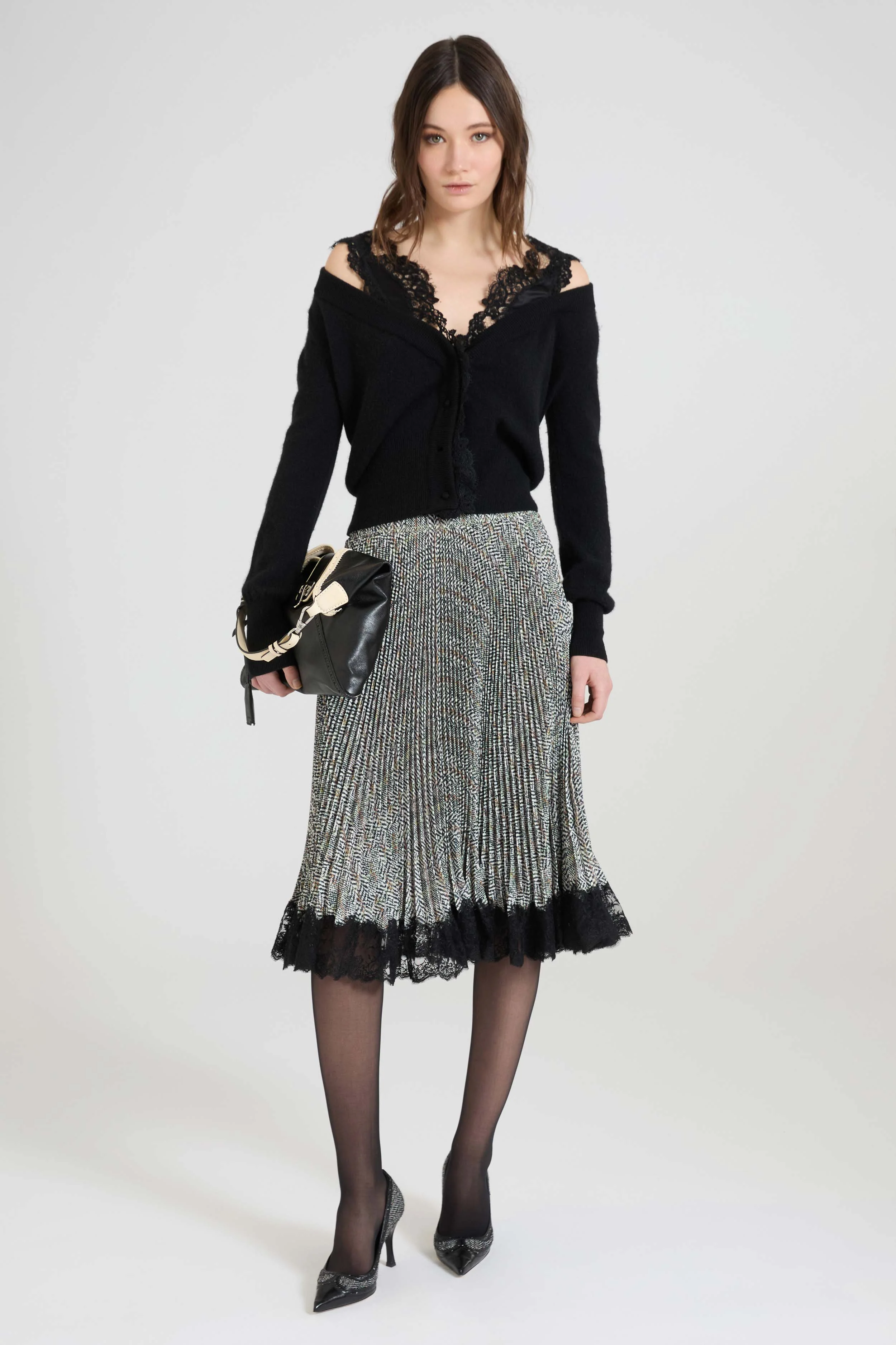 Below-the-knee pleated skirt in cady with resca print and contrasting lace hem - Image 2