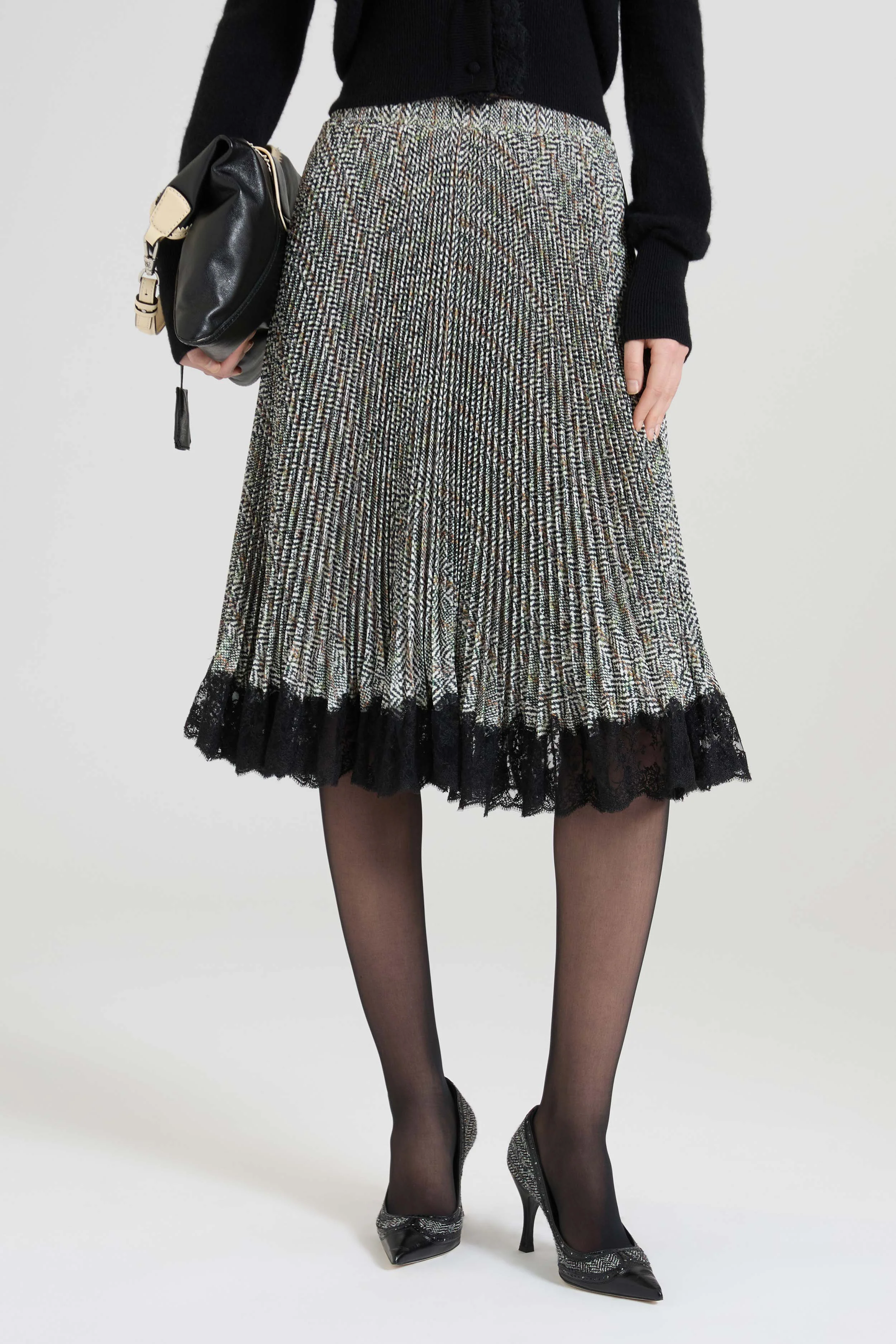 Below-the-knee pleated skirt in cady with resca print and contrasting lace hem - Image 3