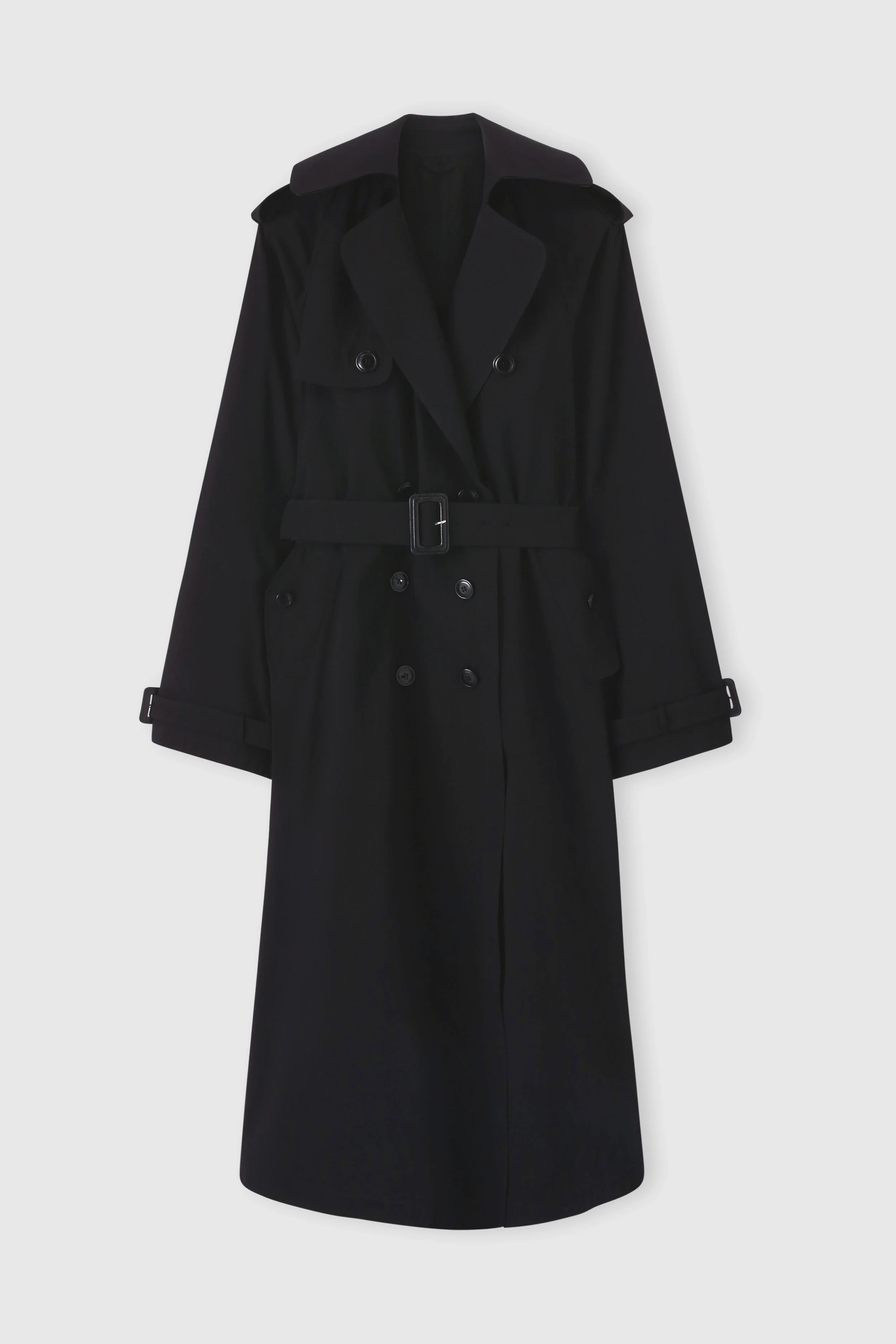 Black double-breasted trench in georgette bonded with silk chiffon