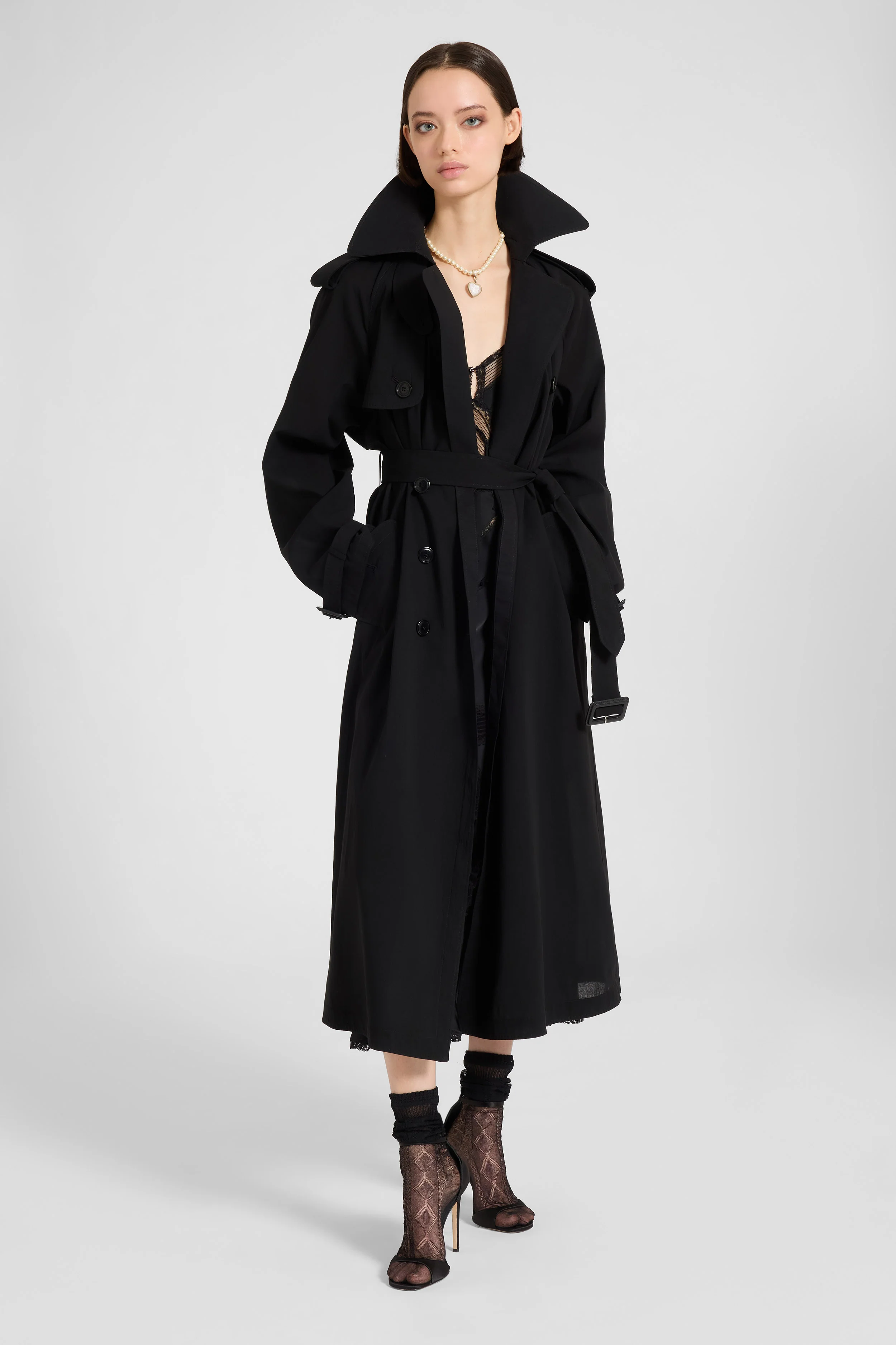 Black double-breasted trench in georgette bonded with silk chiffon - Image 2