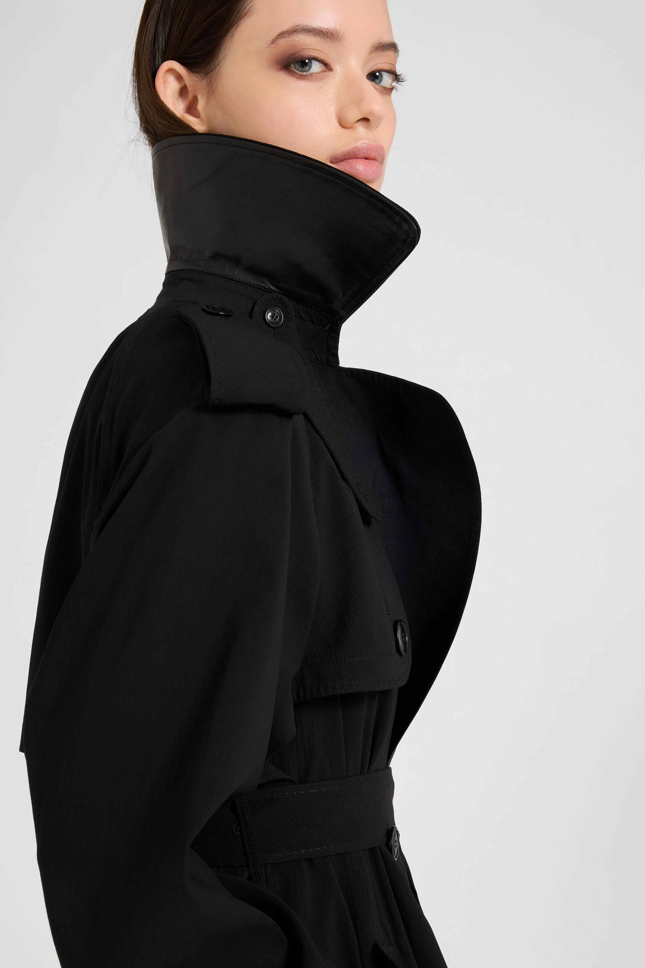 Black double-breasted trench in georgette bonded with silk chiffon - Image 3