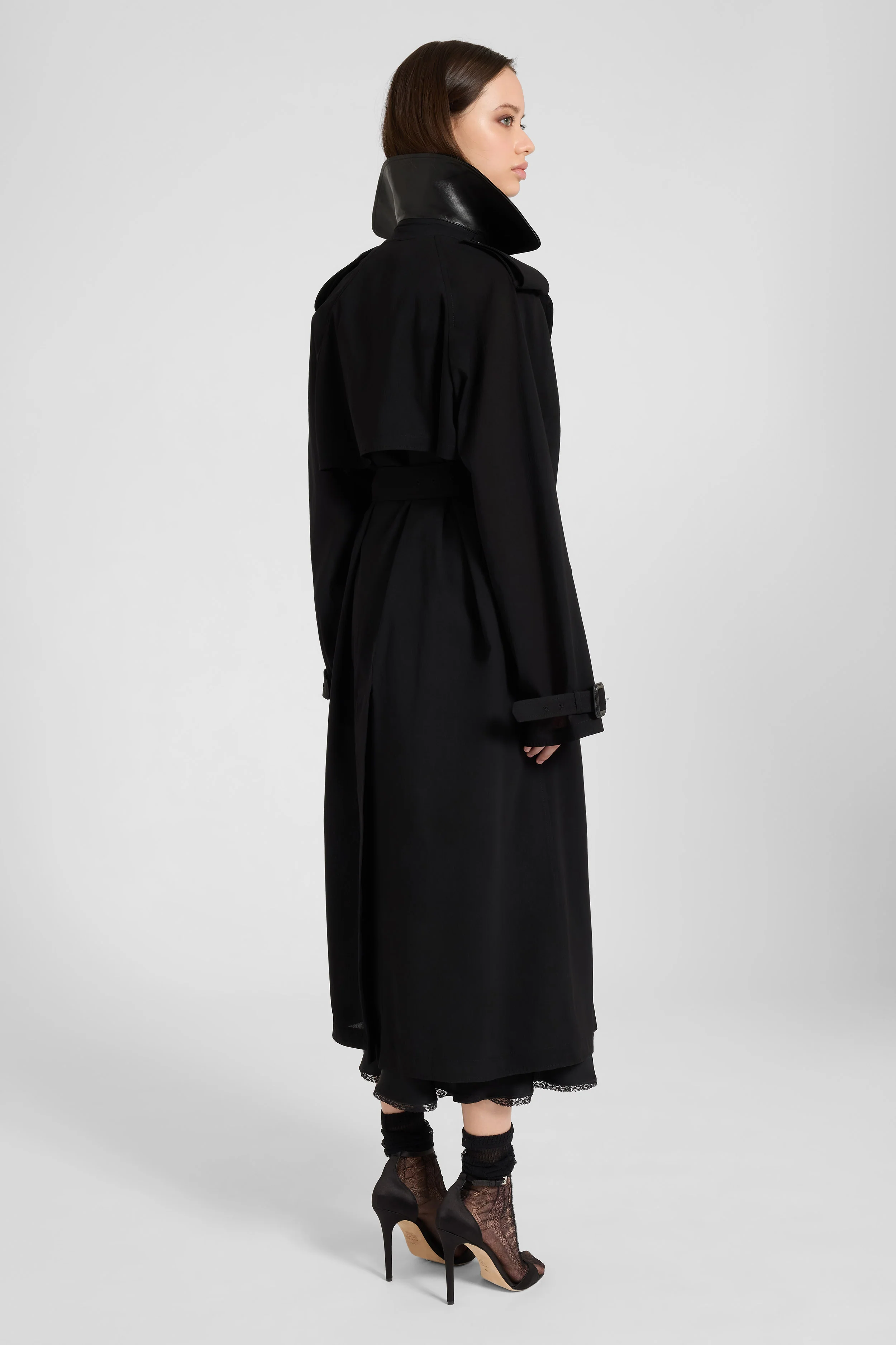 Black double-breasted trench in georgette bonded with silk chiffon - Image 4