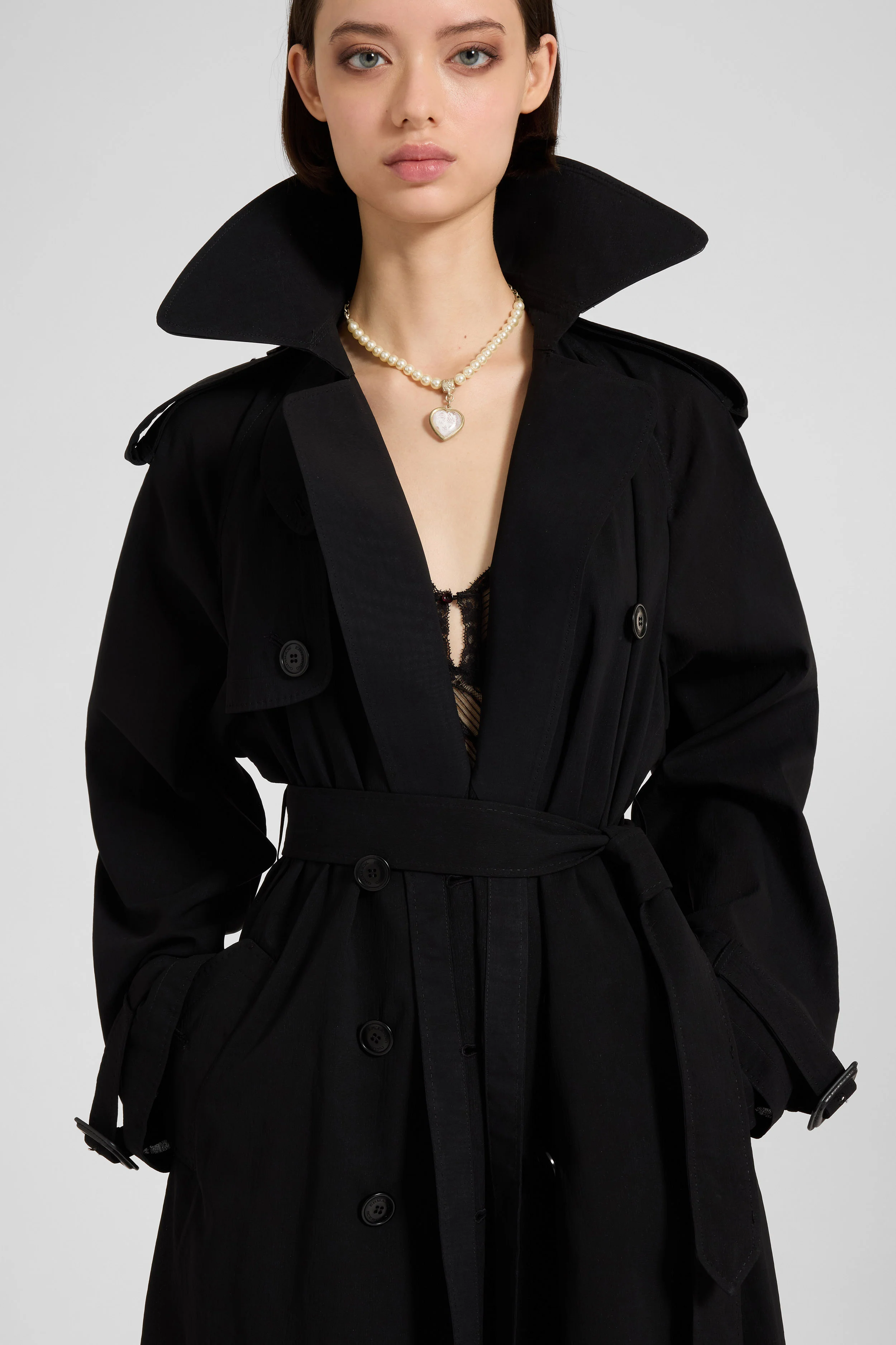 Black double-breasted trench in georgette bonded with silk chiffon - Image 5
