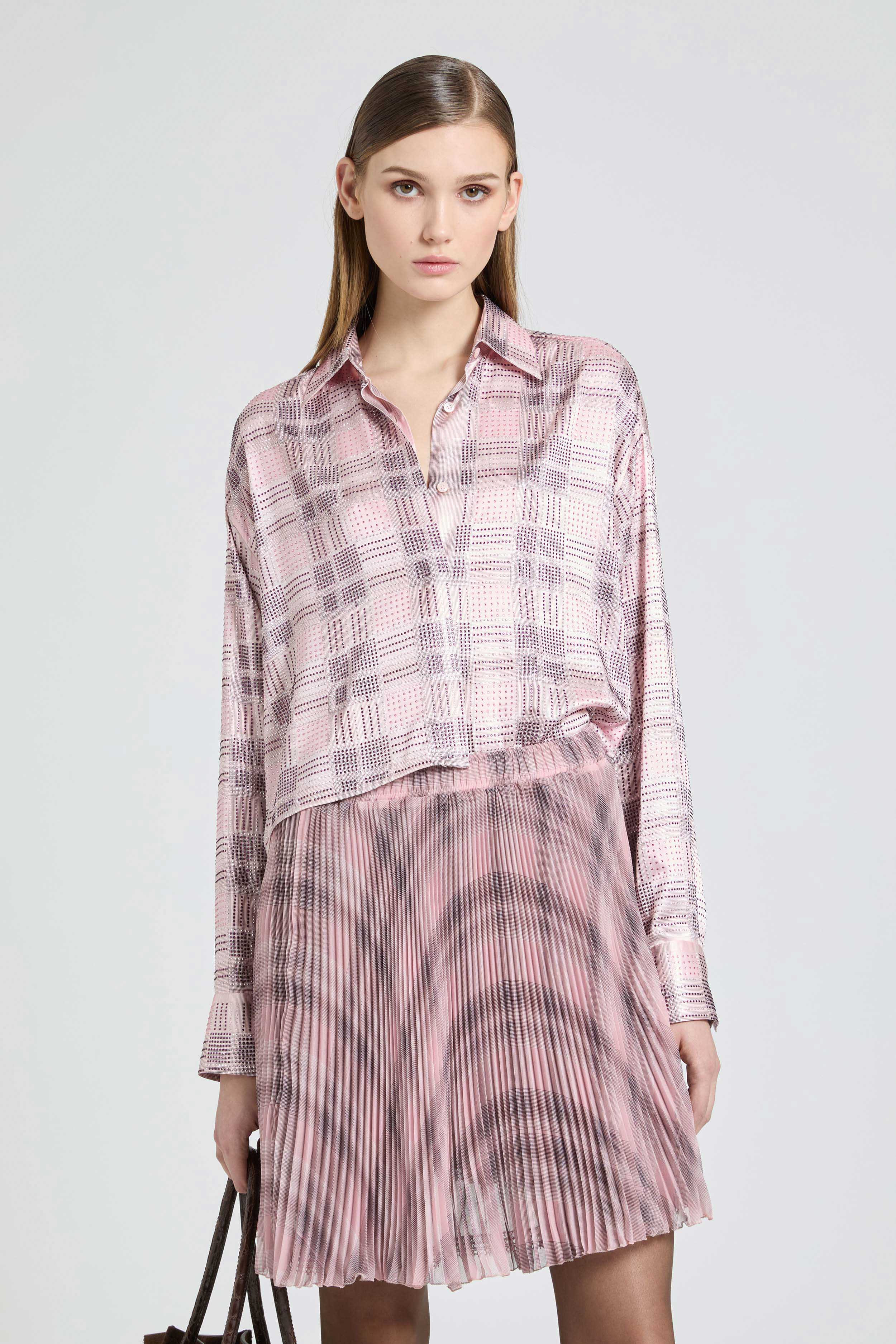 Boxy silk satin shirt with check print and tone-on-tone crystals - Image 3
