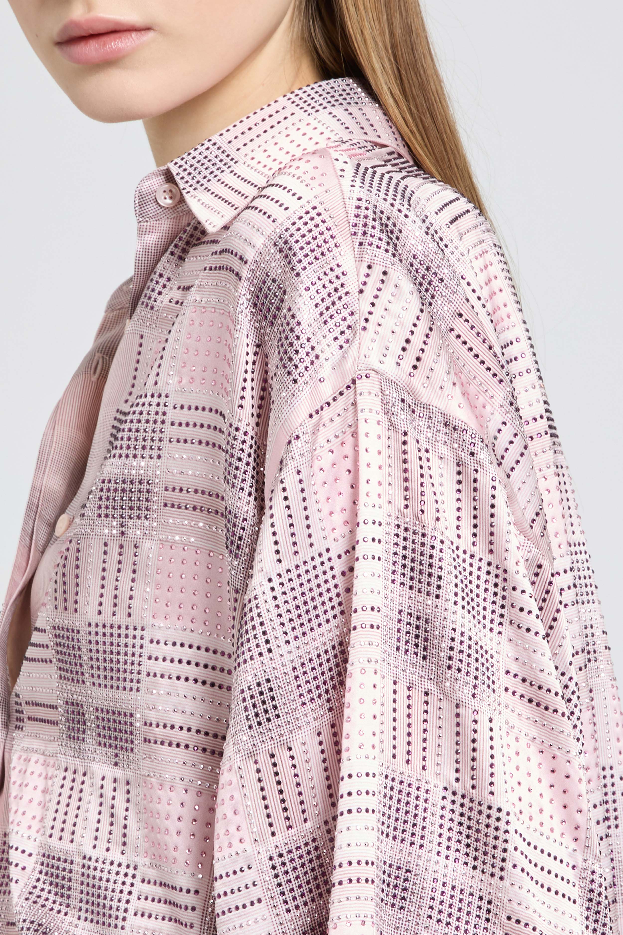 Boxy silk satin shirt with check print and tone-on-tone crystals - Image 4