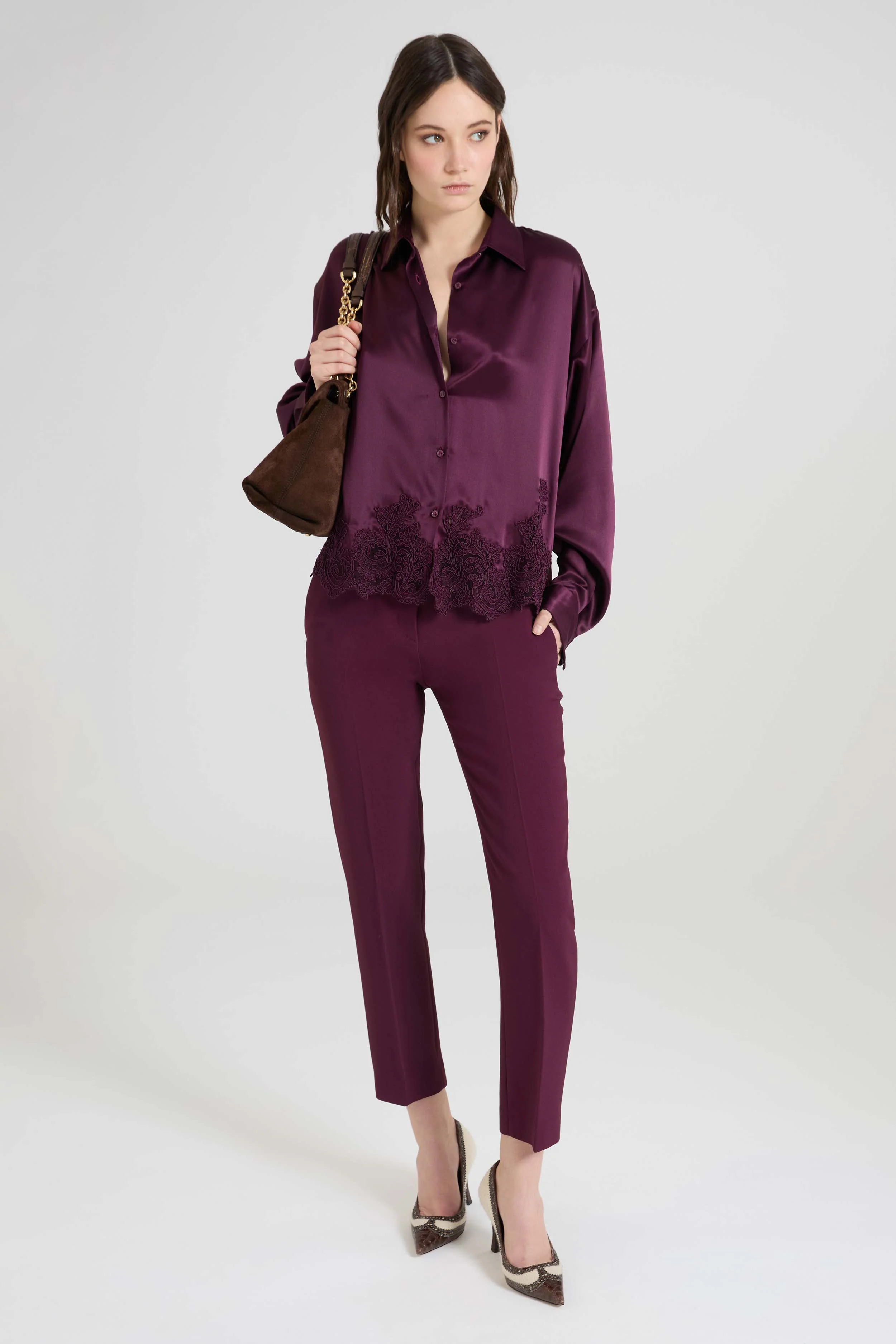 Boxy silk satin shirt with lace hem detail - Image 3