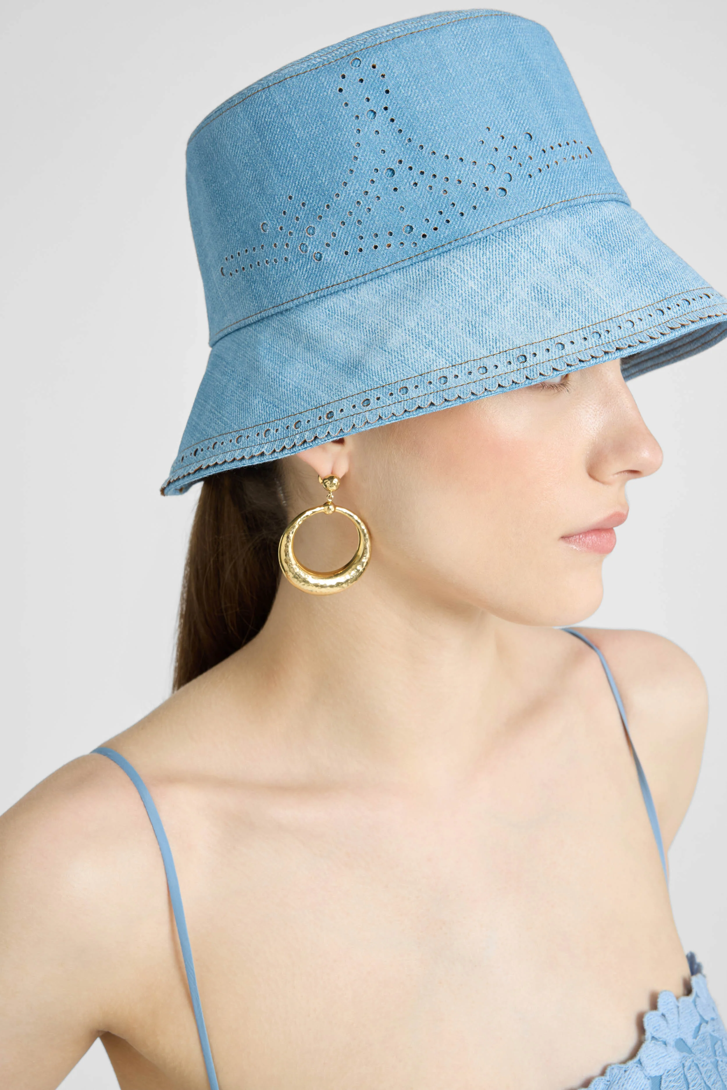 Bucket Hat in Marocain Fabric with Jeans Print and Broguing - Image 3
