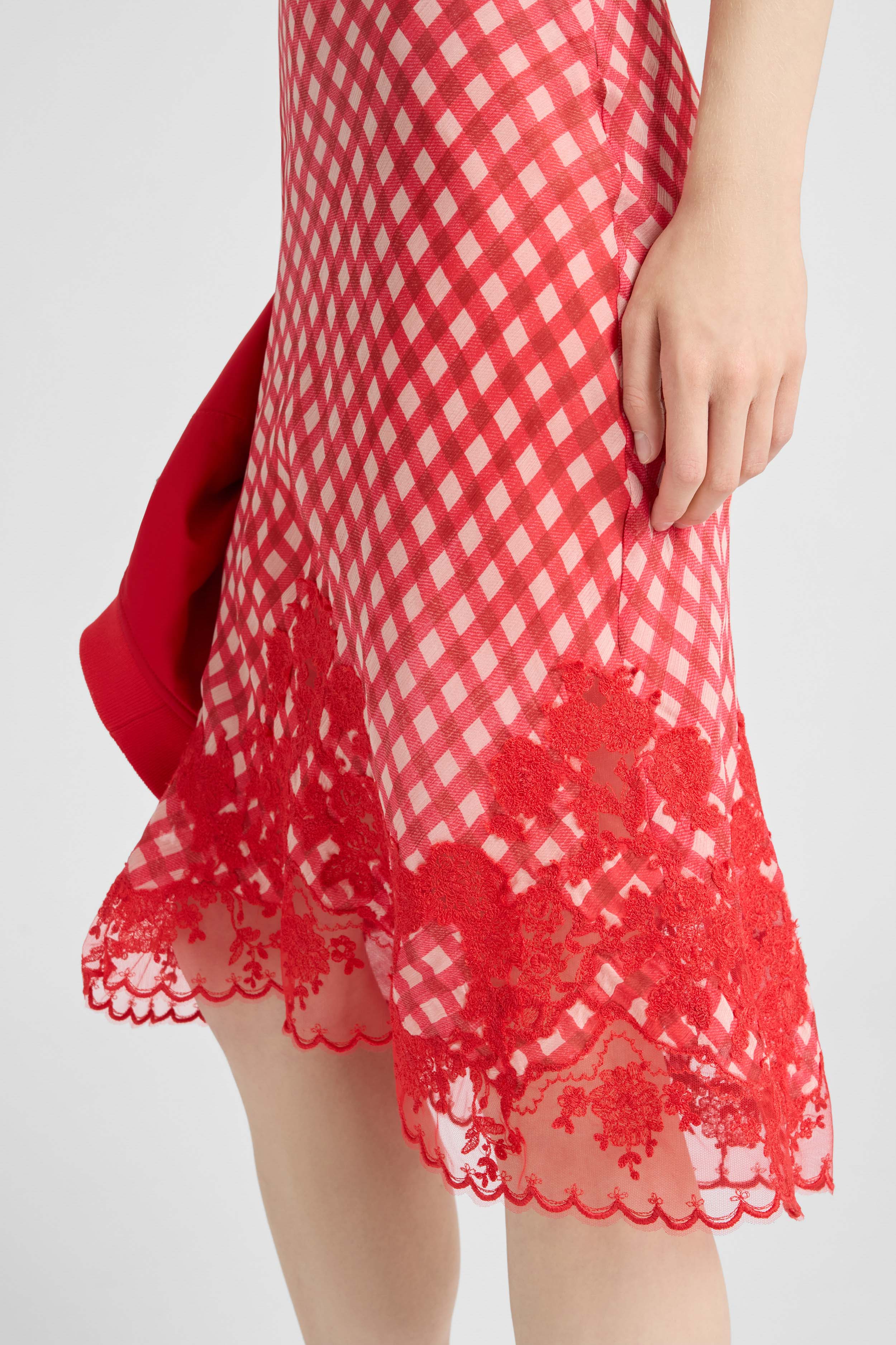 Bustier Dress in Stretch Silk with White and Red Vichy Print and Lace - Image 4