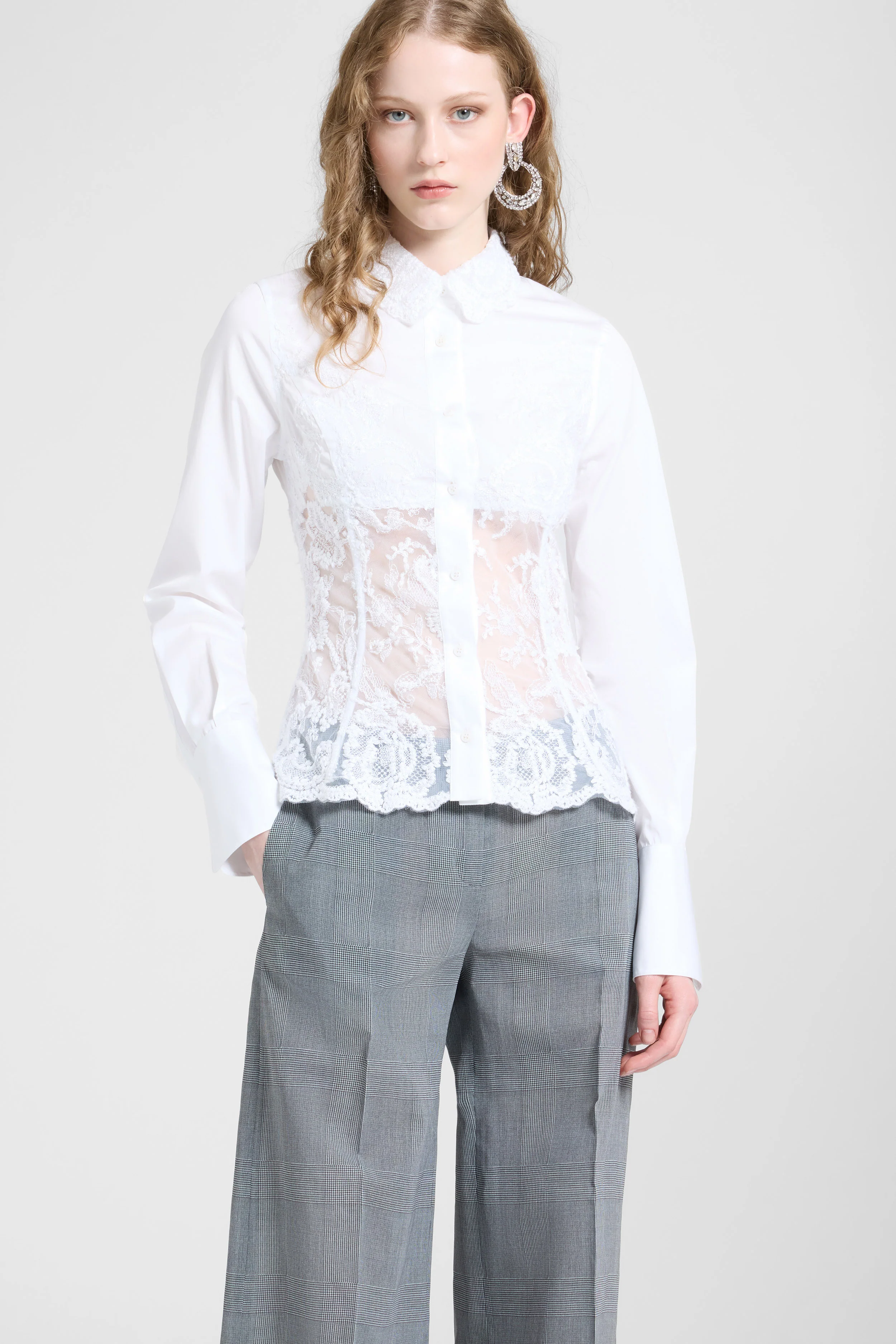 Bustier-effect shirt in cotton poplin and embroidered tulle - Image 2
