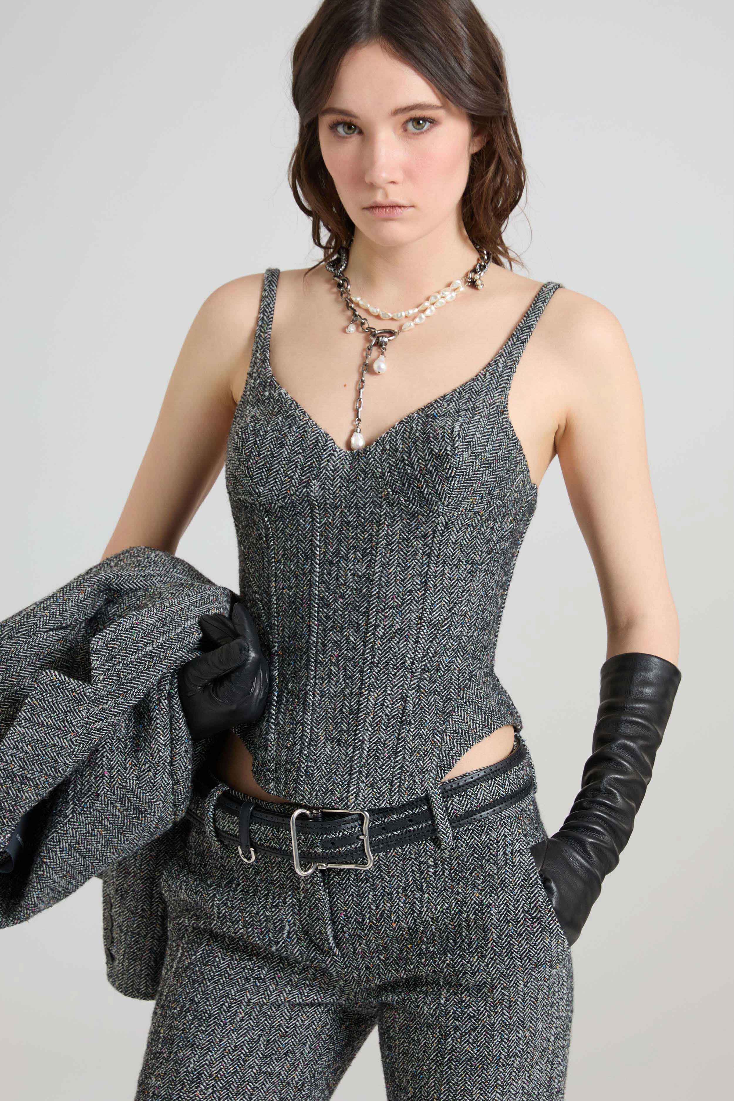 Bustier top with straps in herringbone tailoring twill - Image 2
