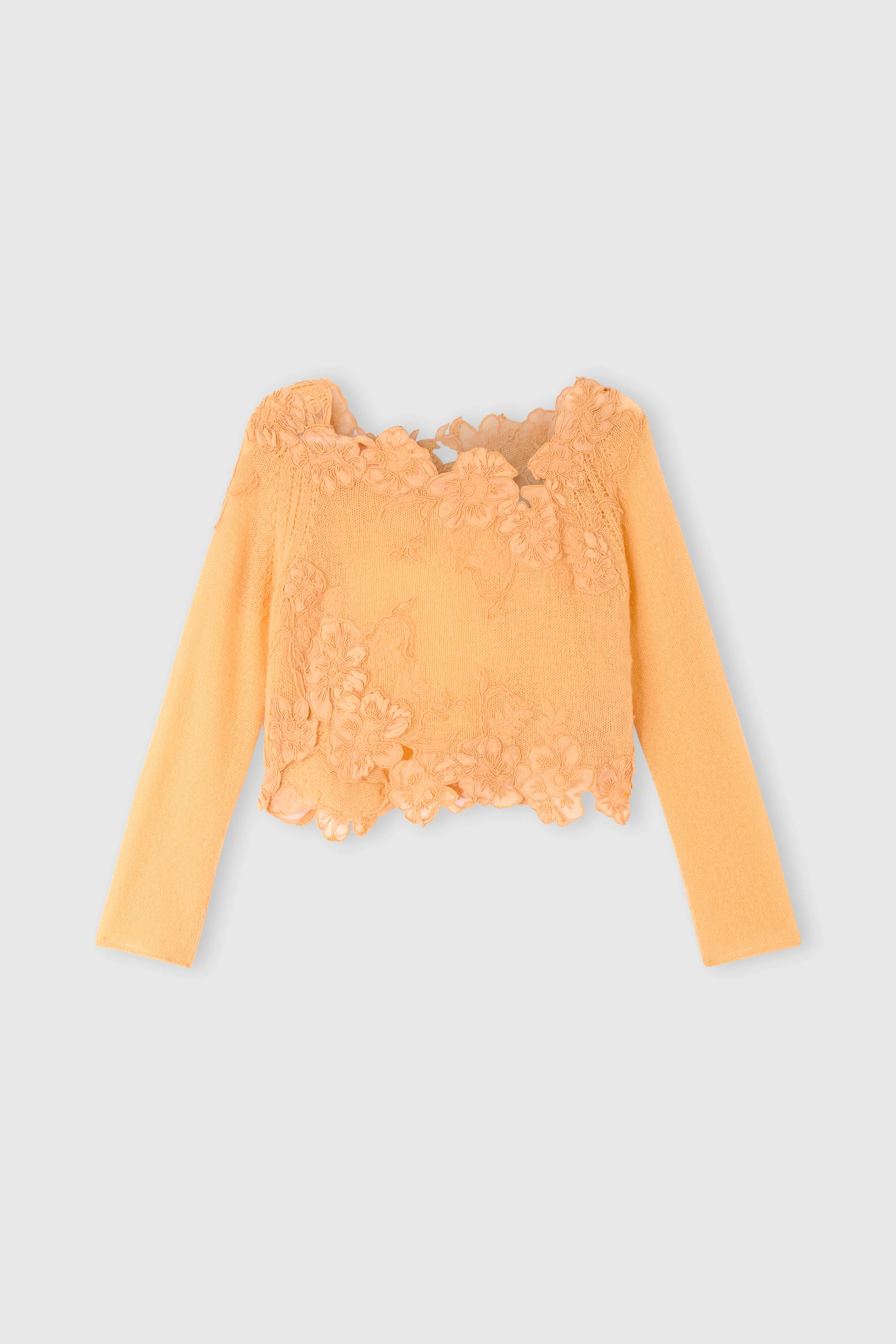 Cashmere sweater with hand-applied floral lace