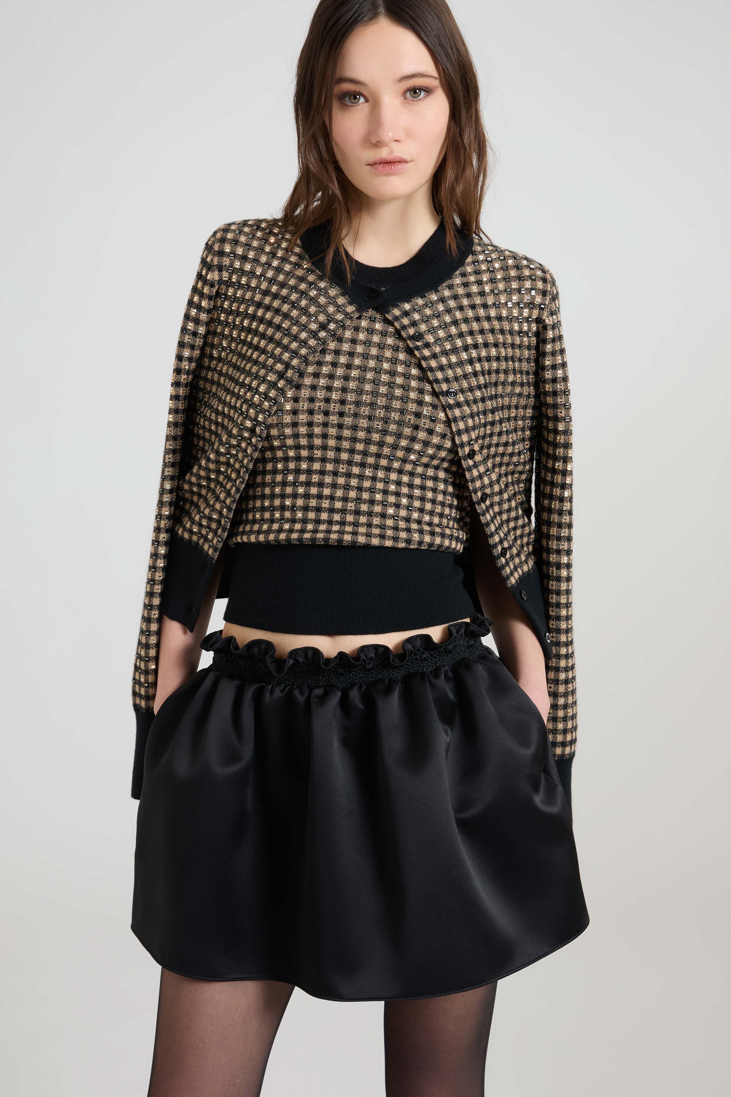 Check-pattern cashmere and wool cardigan with baguette micro crystals - Image 3