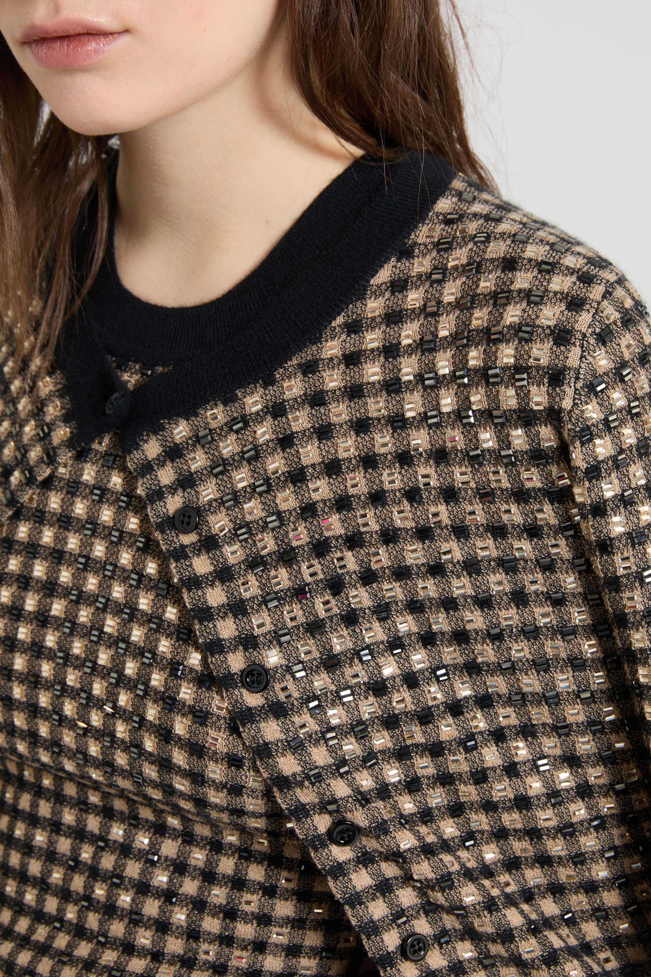 Check-pattern cashmere and wool cardigan with baguette micro crystals - Image 4