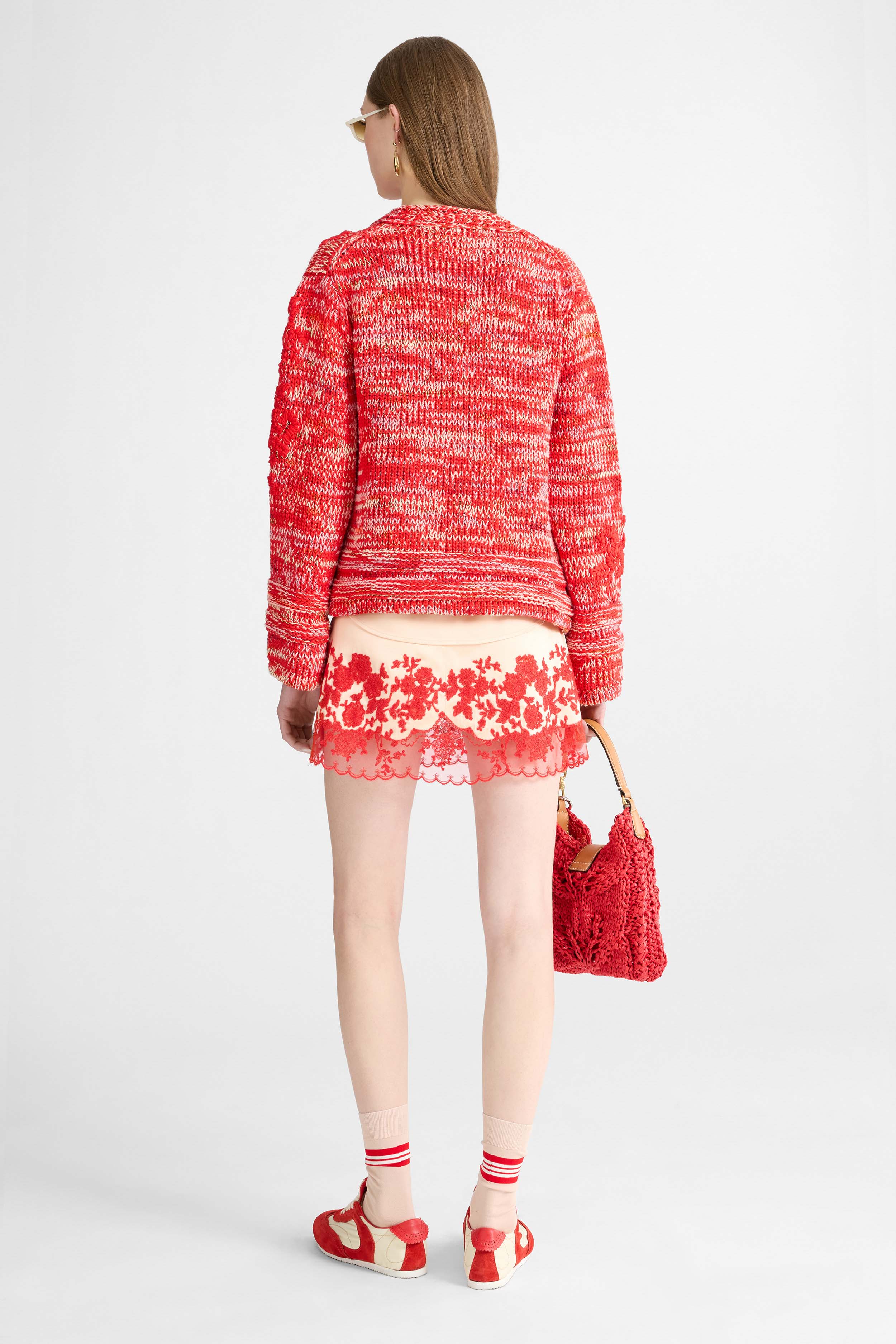 Cotton Mouliné Cardigan with Hand-Embroidered Floral Motif - Image 4