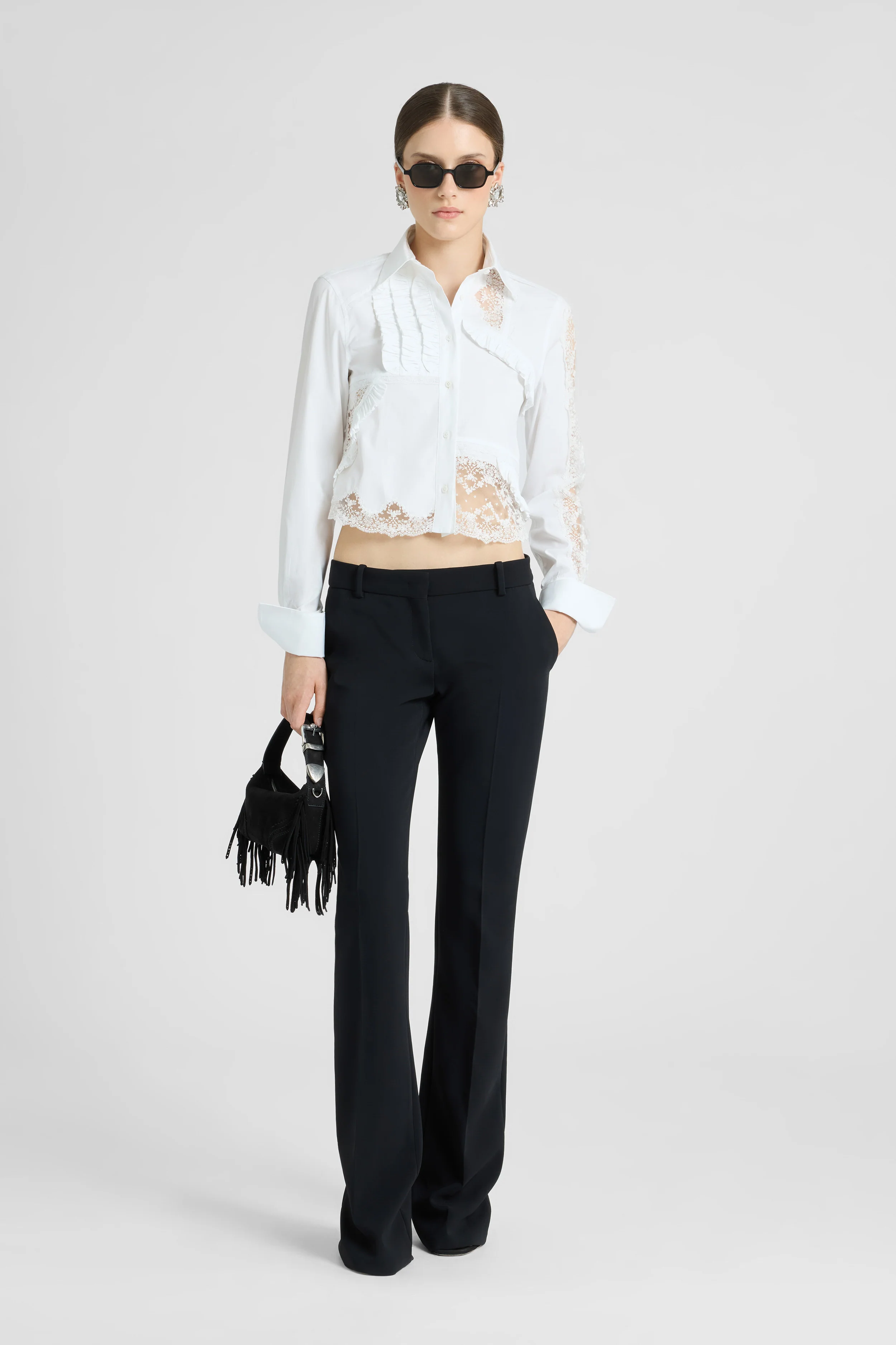Cotton Poplin Shirt with Patchwork Details and Valencienne Lace - Image 3