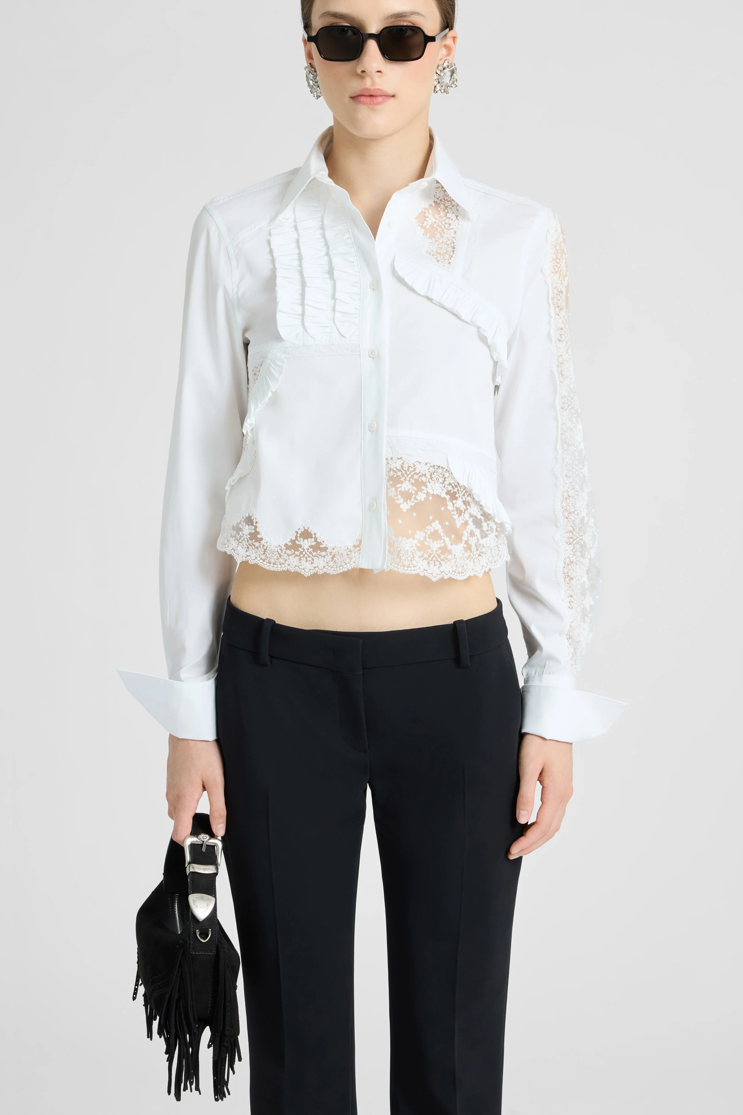 Cotton Poplin Shirt with Patchwork Details and Valencienne Lace - Image 4