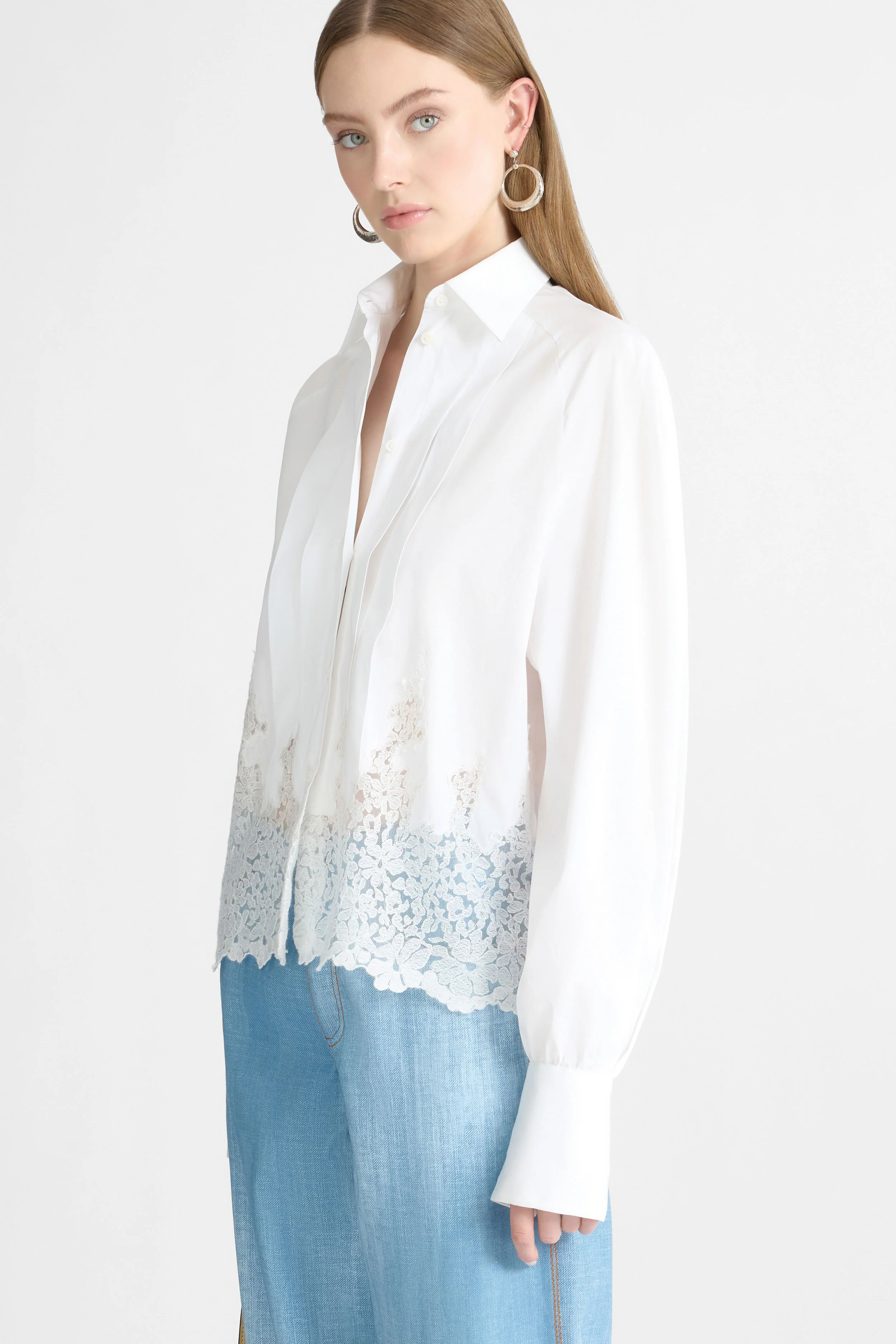 Cotton Shirt with Puff Sleeves and Rebrodé Lace Detail - Image 3