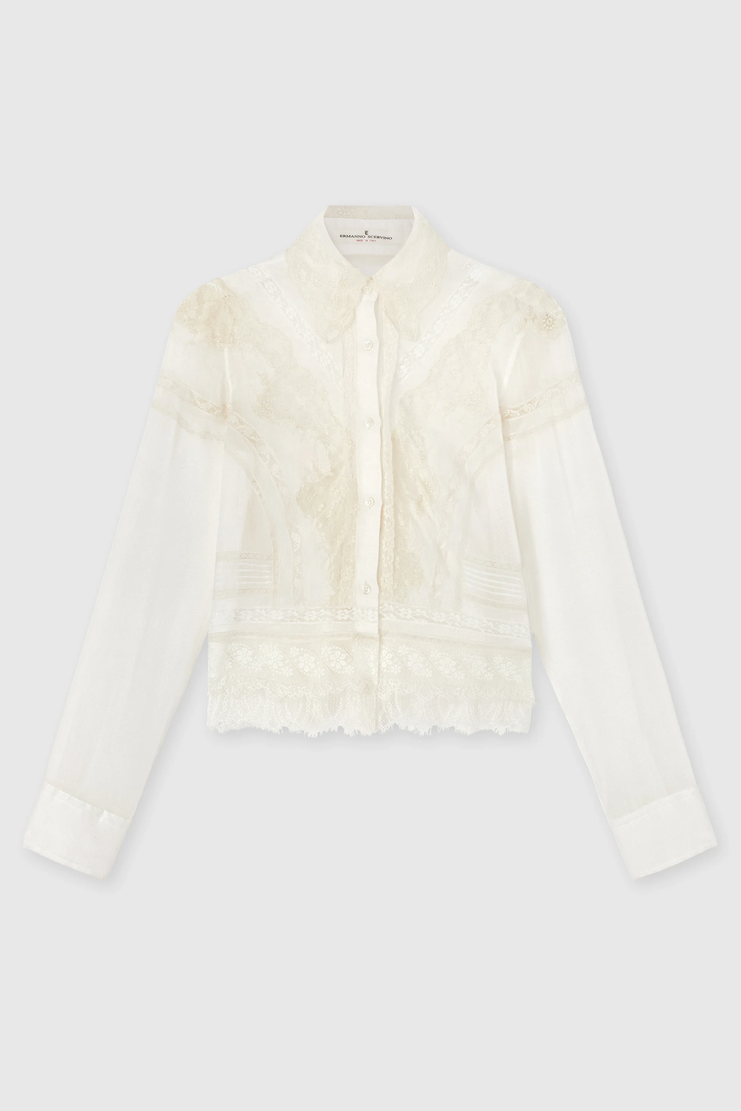 Cropped Cotton and Silk Muslin Shirt with Rebrodé and Valencienne Lace