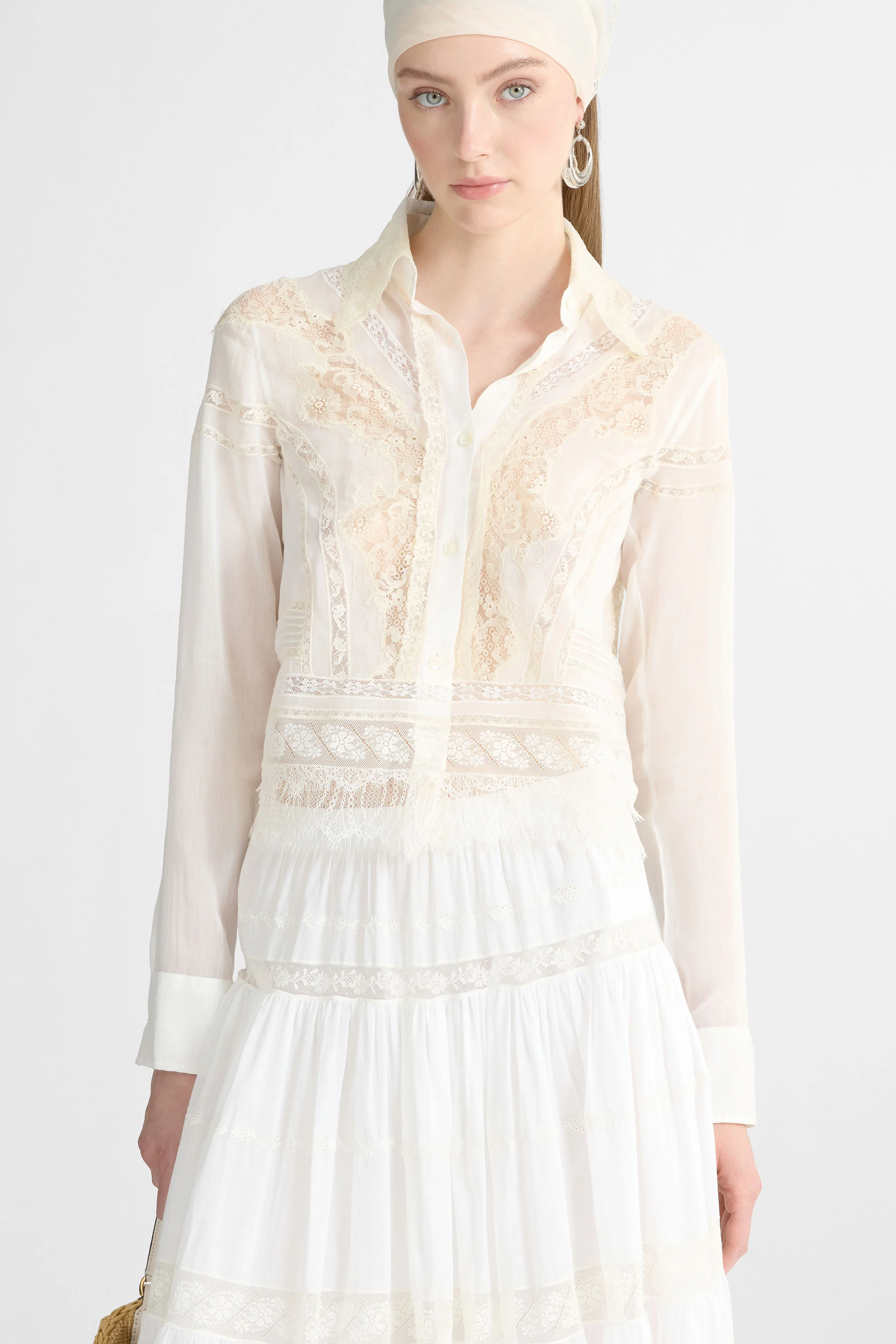 Cropped Cotton and Silk Muslin Shirt with Rebrodé and Valencienne Lace - Image 2