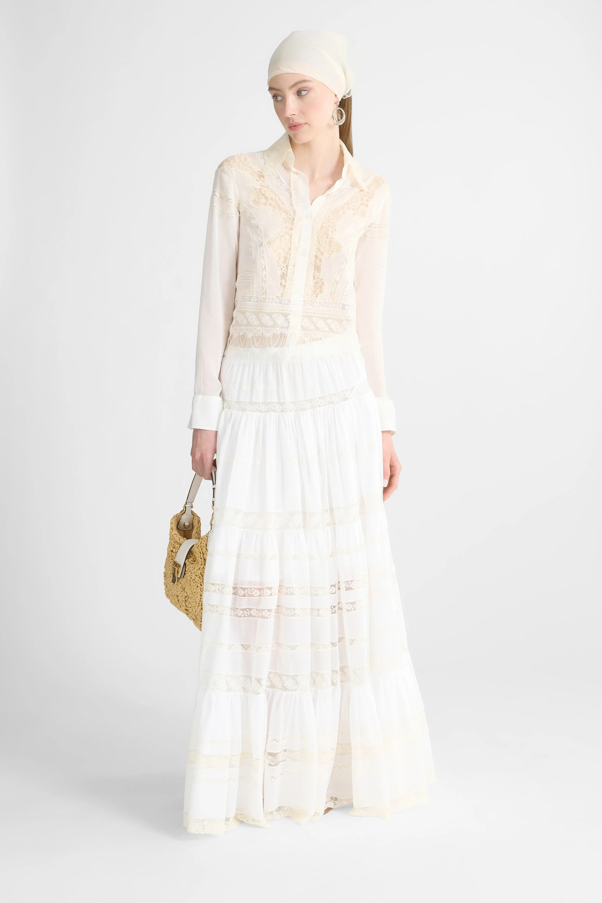 Cropped Cotton and Silk Muslin Shirt with Rebrodé and Valencienne Lace - Image 3
