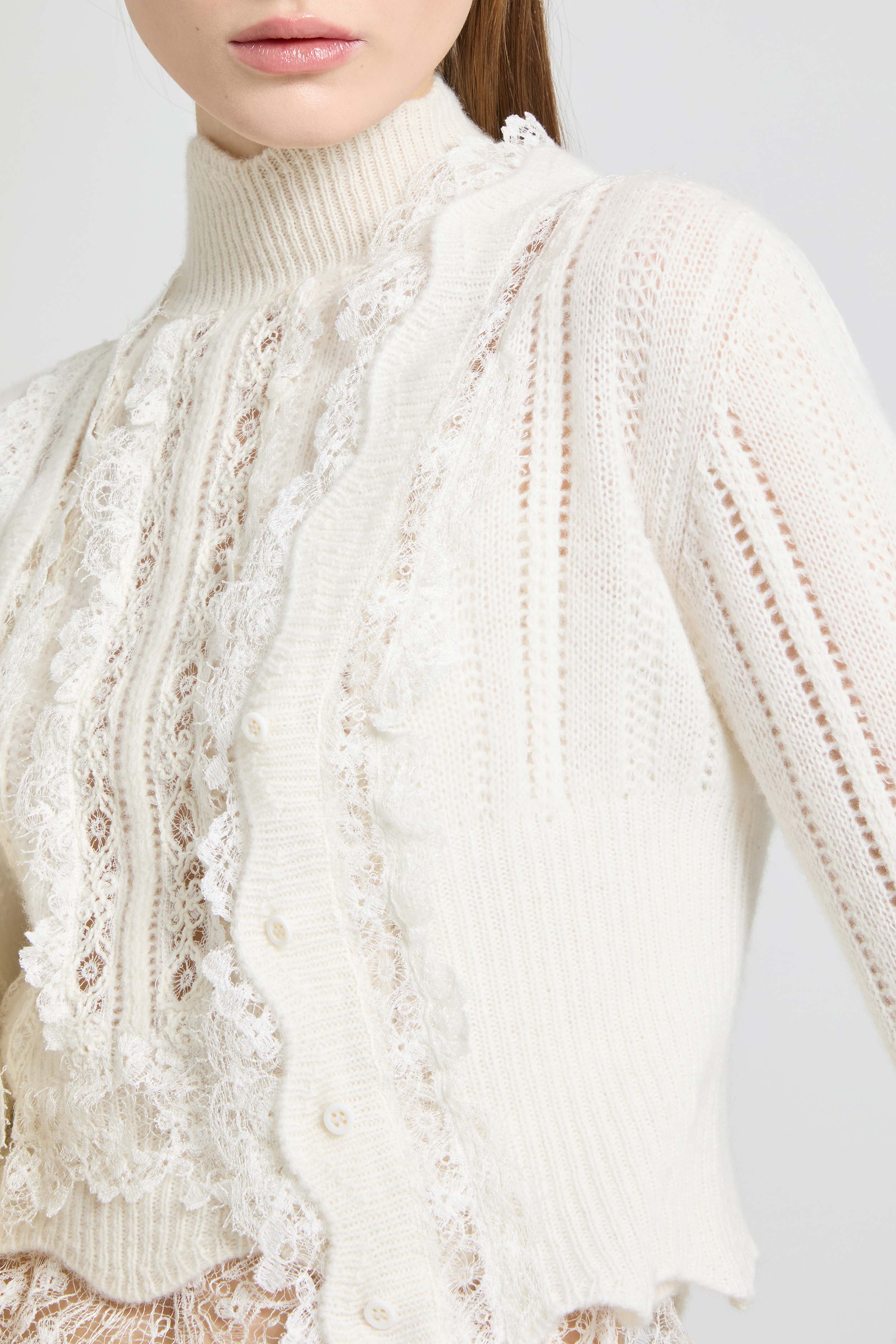 Cropped pure cashmere cardigan with French lace and valencienne inserts - Image 5