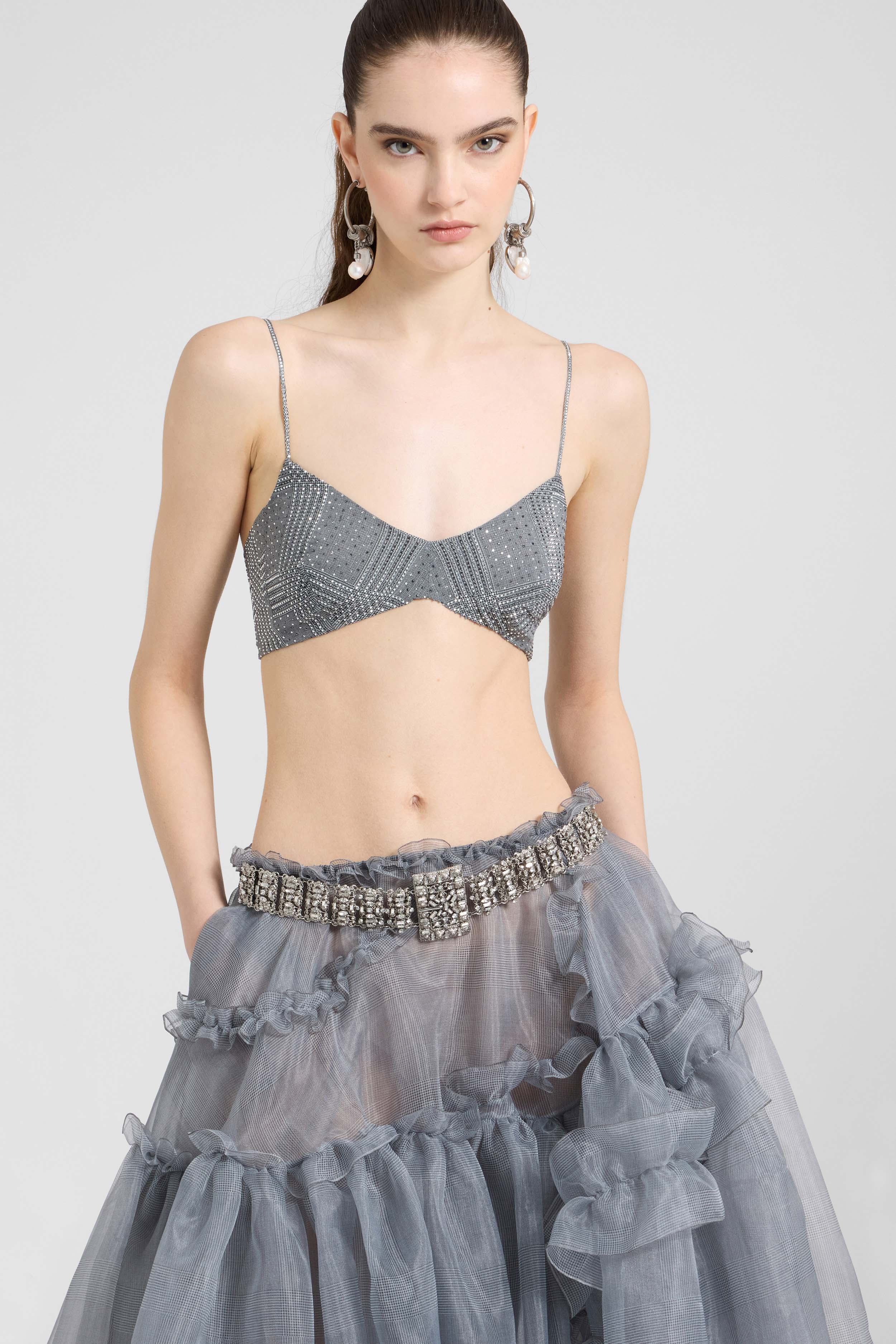 Deconstructed Prince of Wales print bra with hand-applied crystals - Image 3