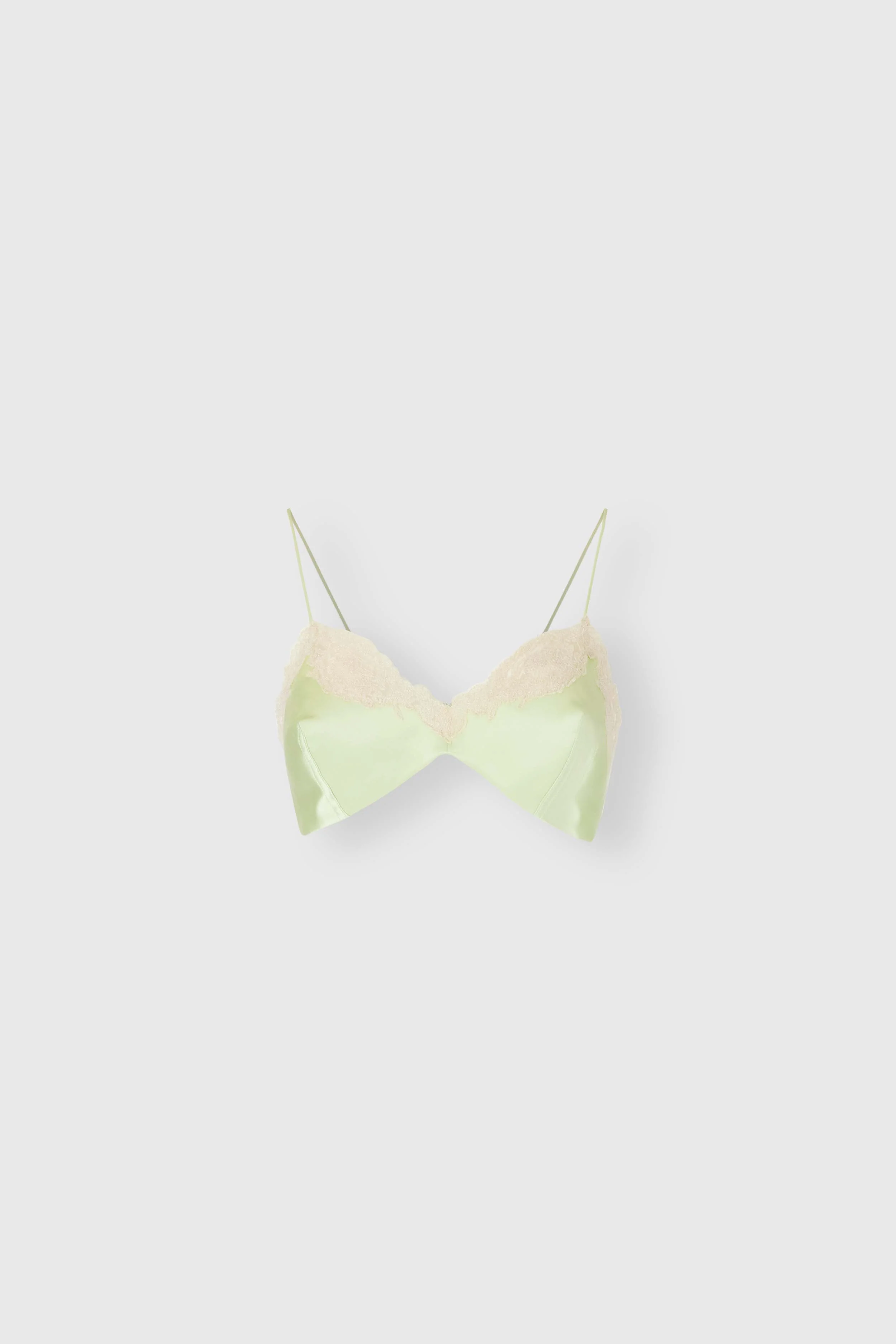 Deconstructed silk satin bra with contrasting rebrodé lace