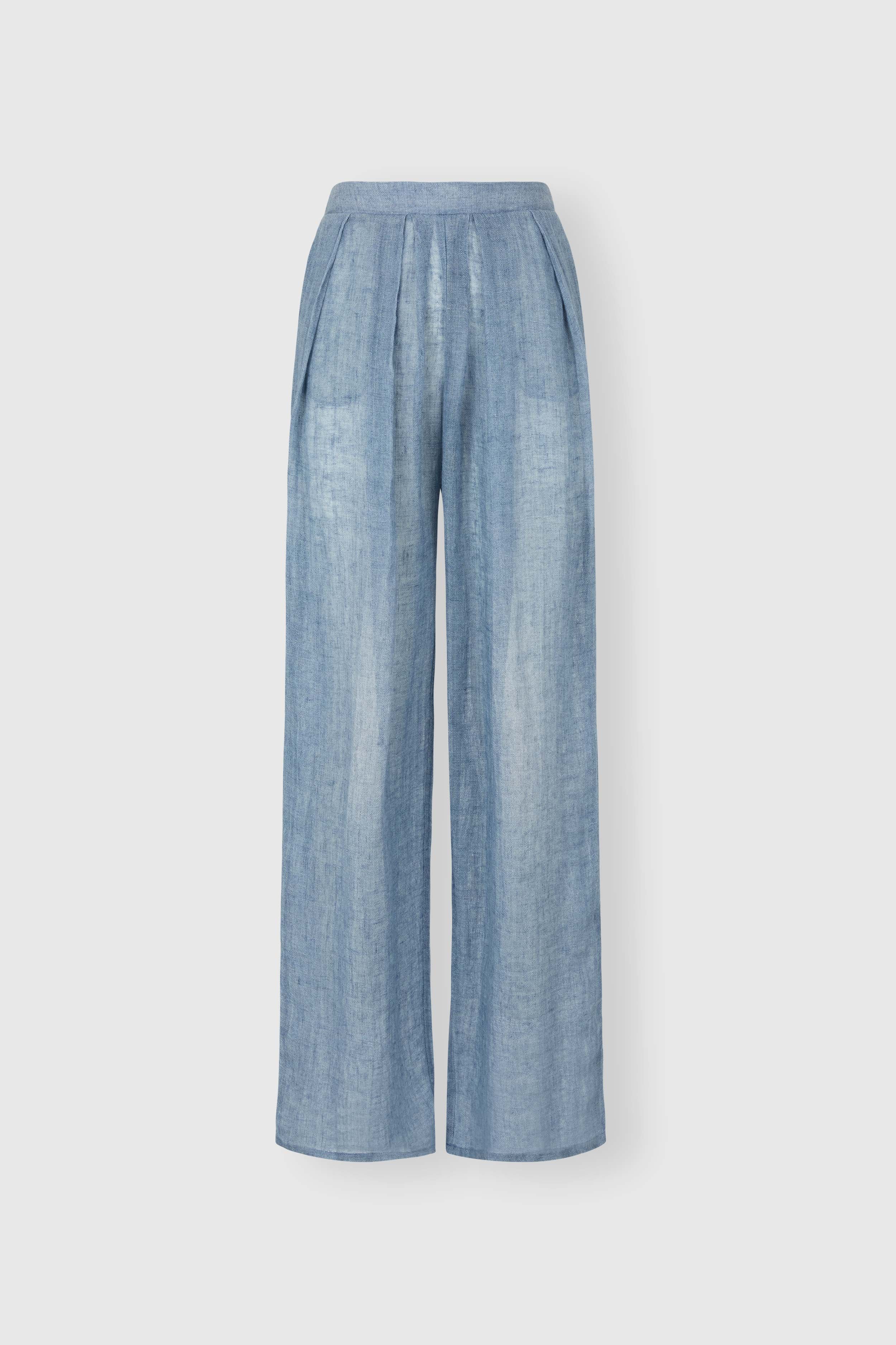 Denim-effect linen gauze palazzo trousers with drawstring waist