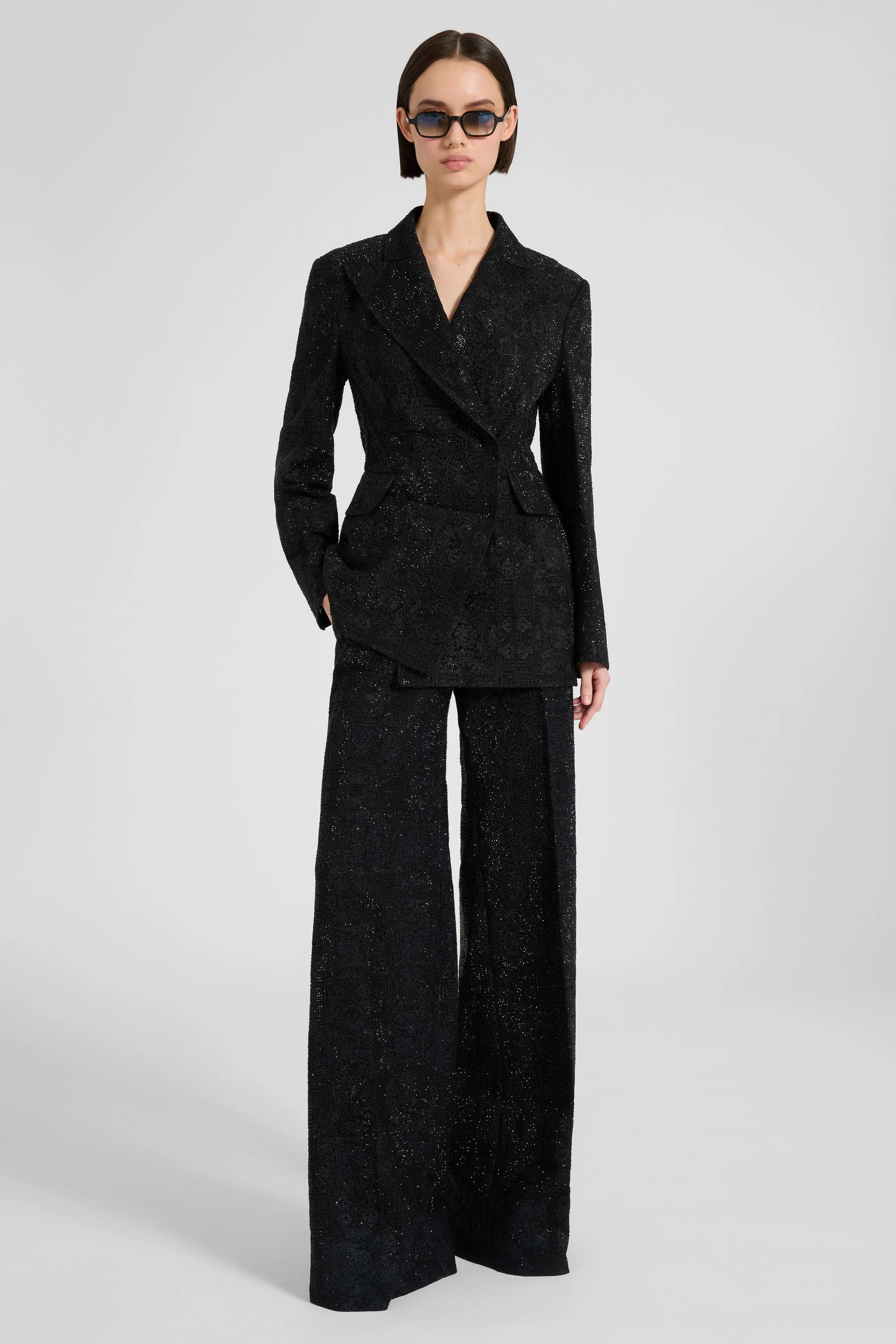 Double-breasted jacket in lace bonded with chiffon with hand-applied crystals - Image 2