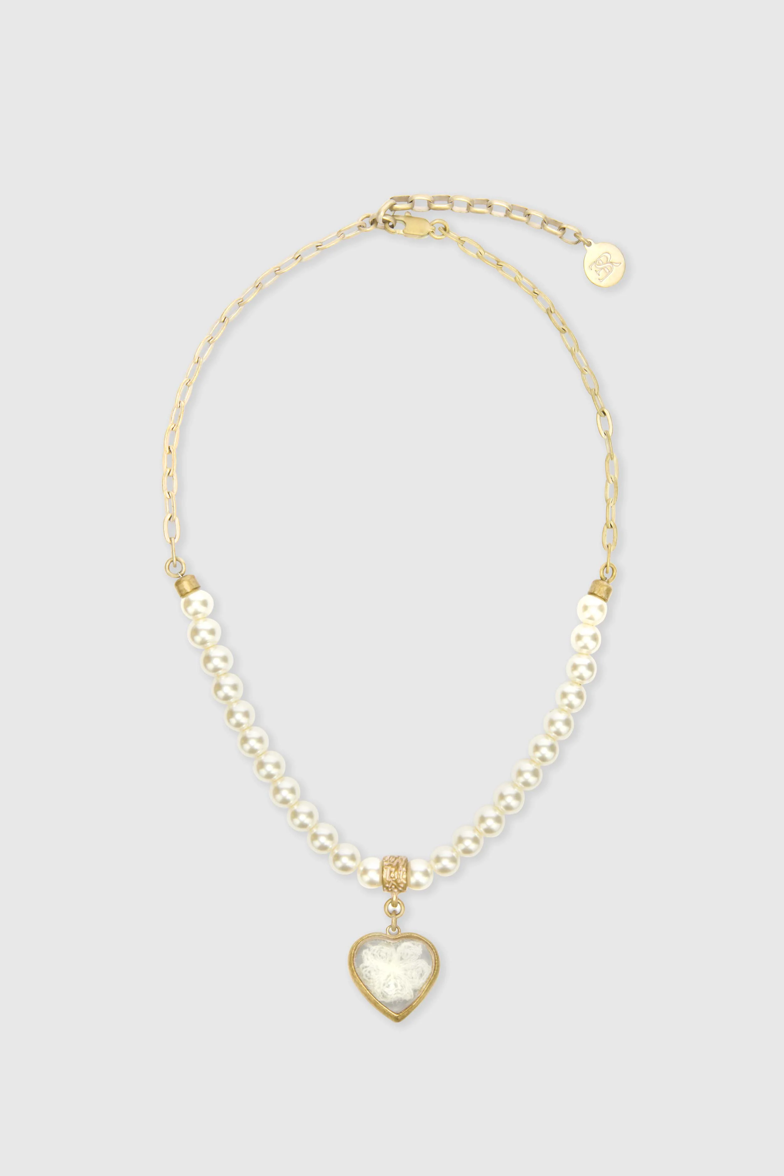 Glass pearl choker with heart charm and lace inserts