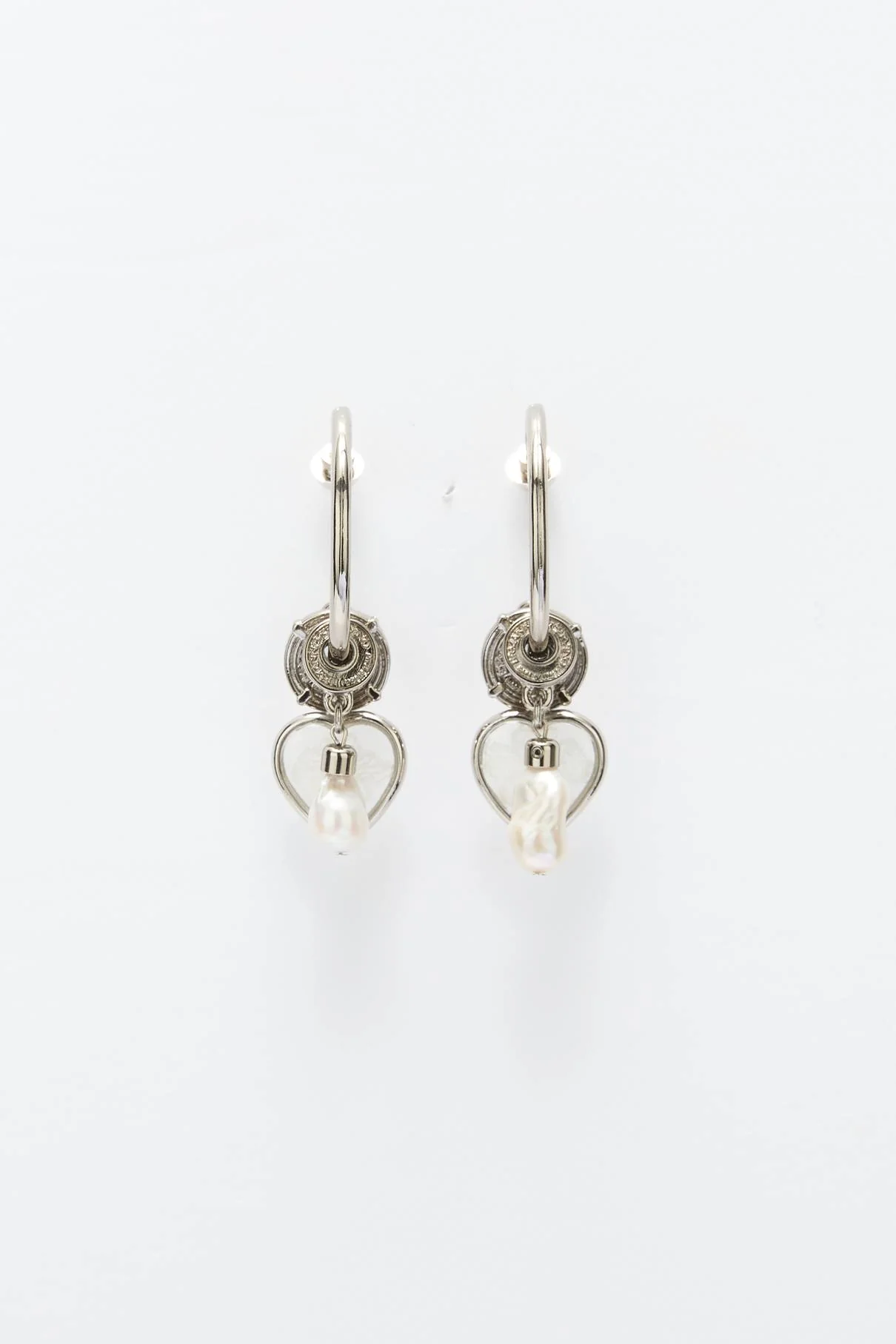 Hoop earrings with pearls, coins, and heart charm