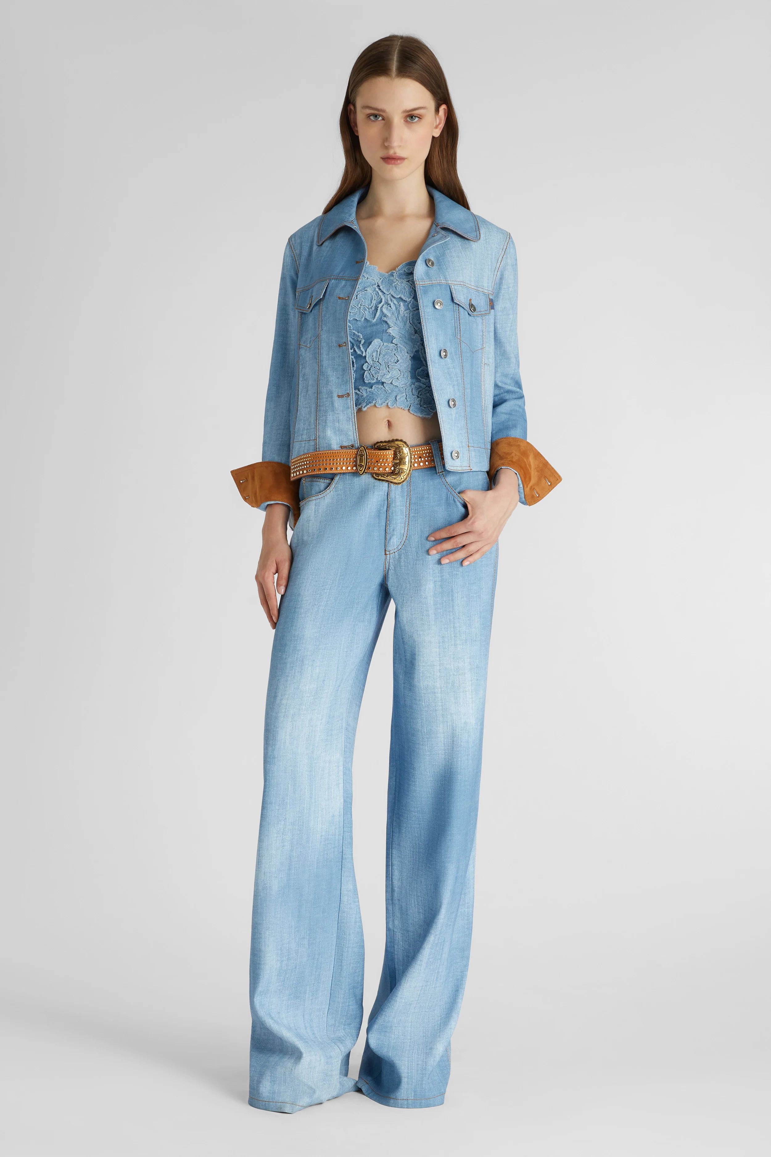 Jacket in marocain denim print and suede cuff interior - Image 3