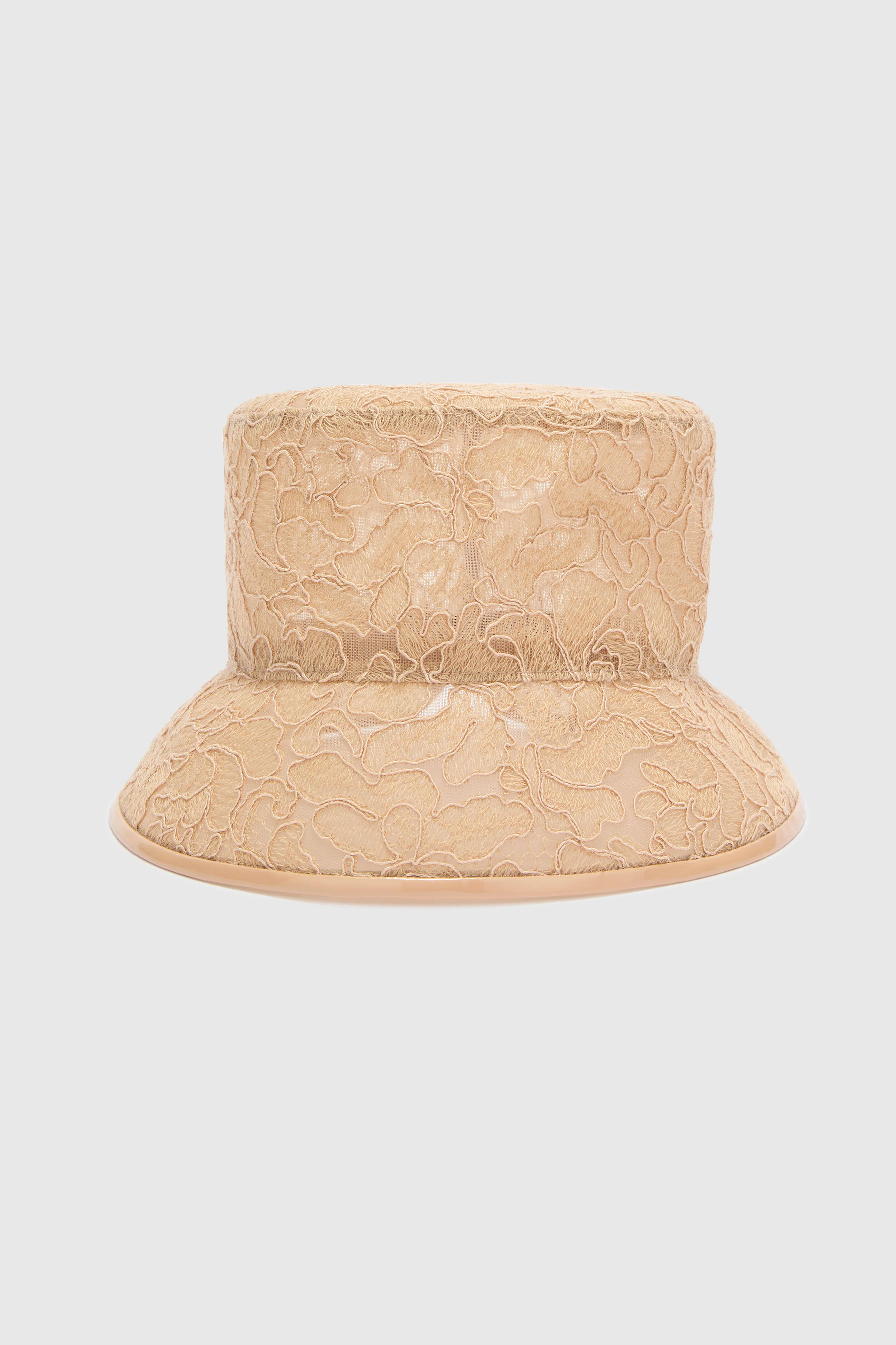 Lace bucket hat with mesh and patent trim