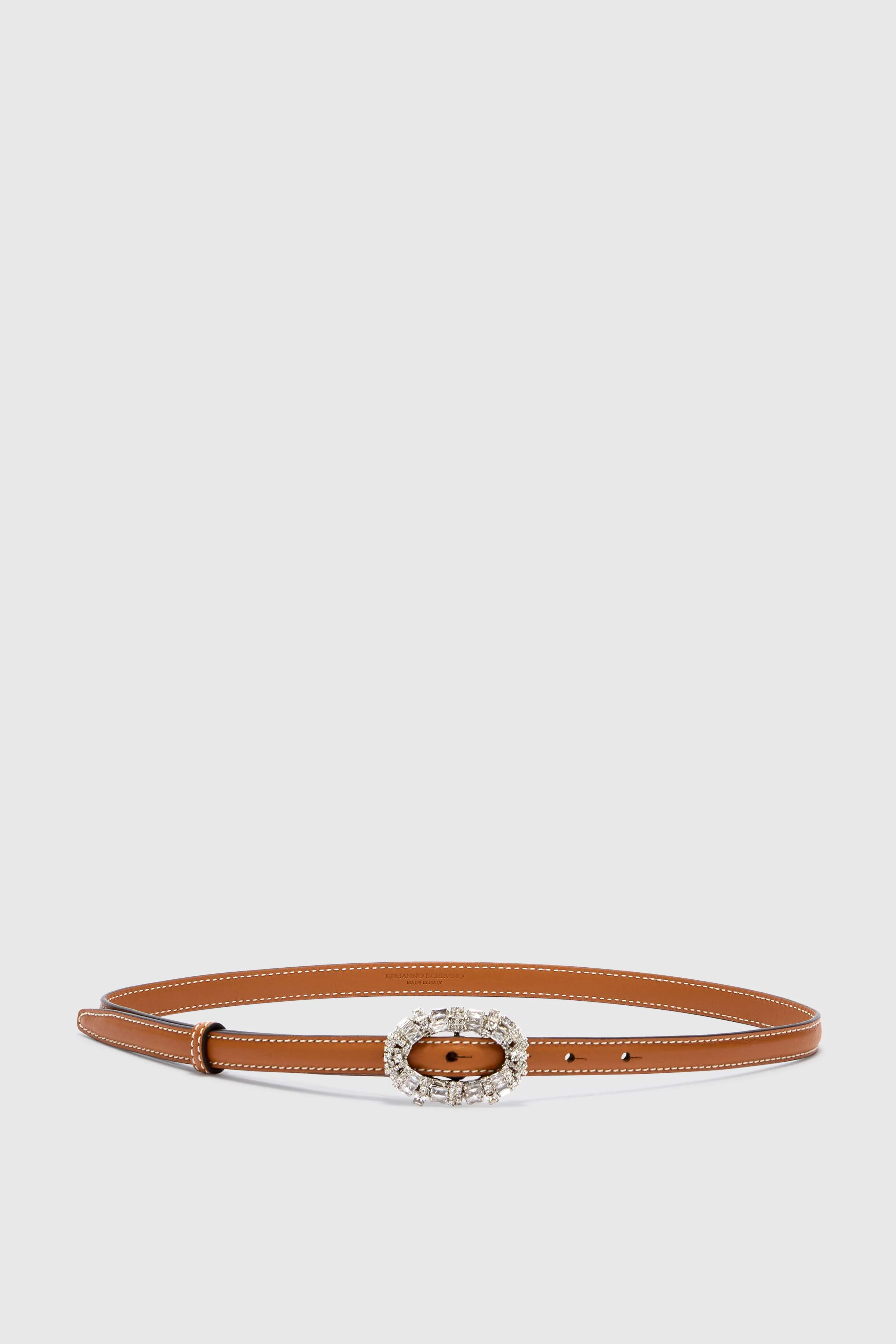 Leather brown smooth calfskin belt with crystal buckle