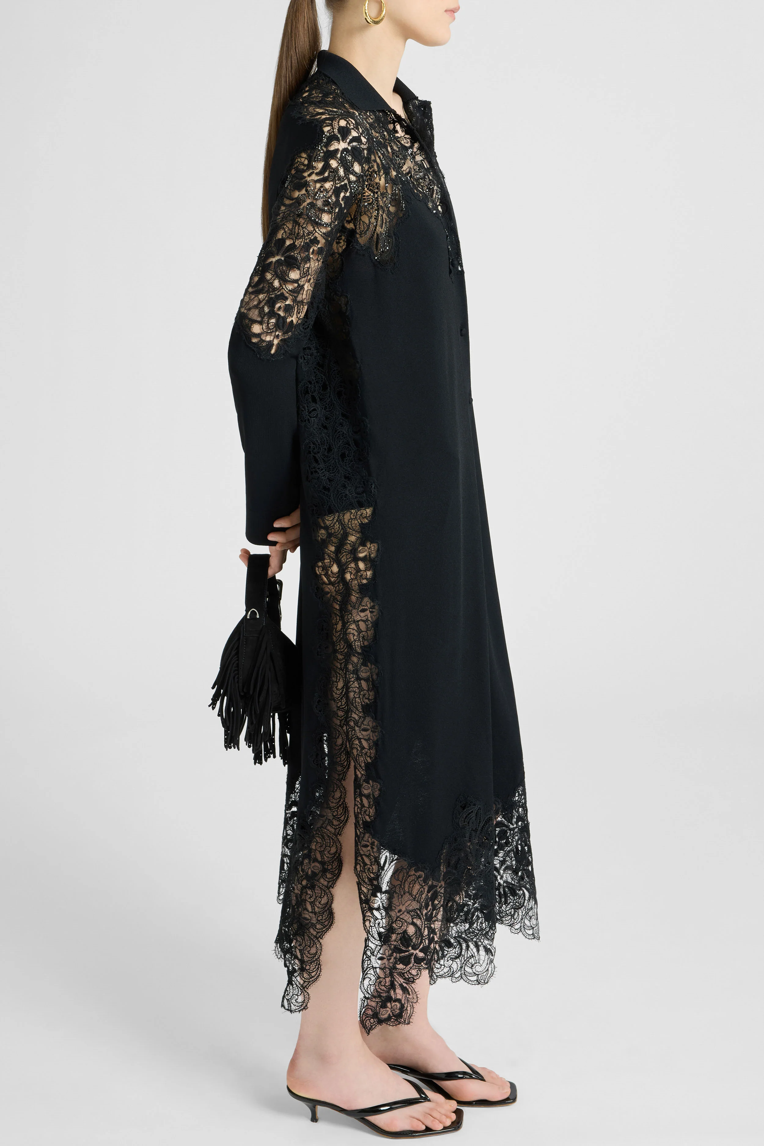 Long chemisier in viscose with lace appliqués and tone-on-tone crystals - Image 3
