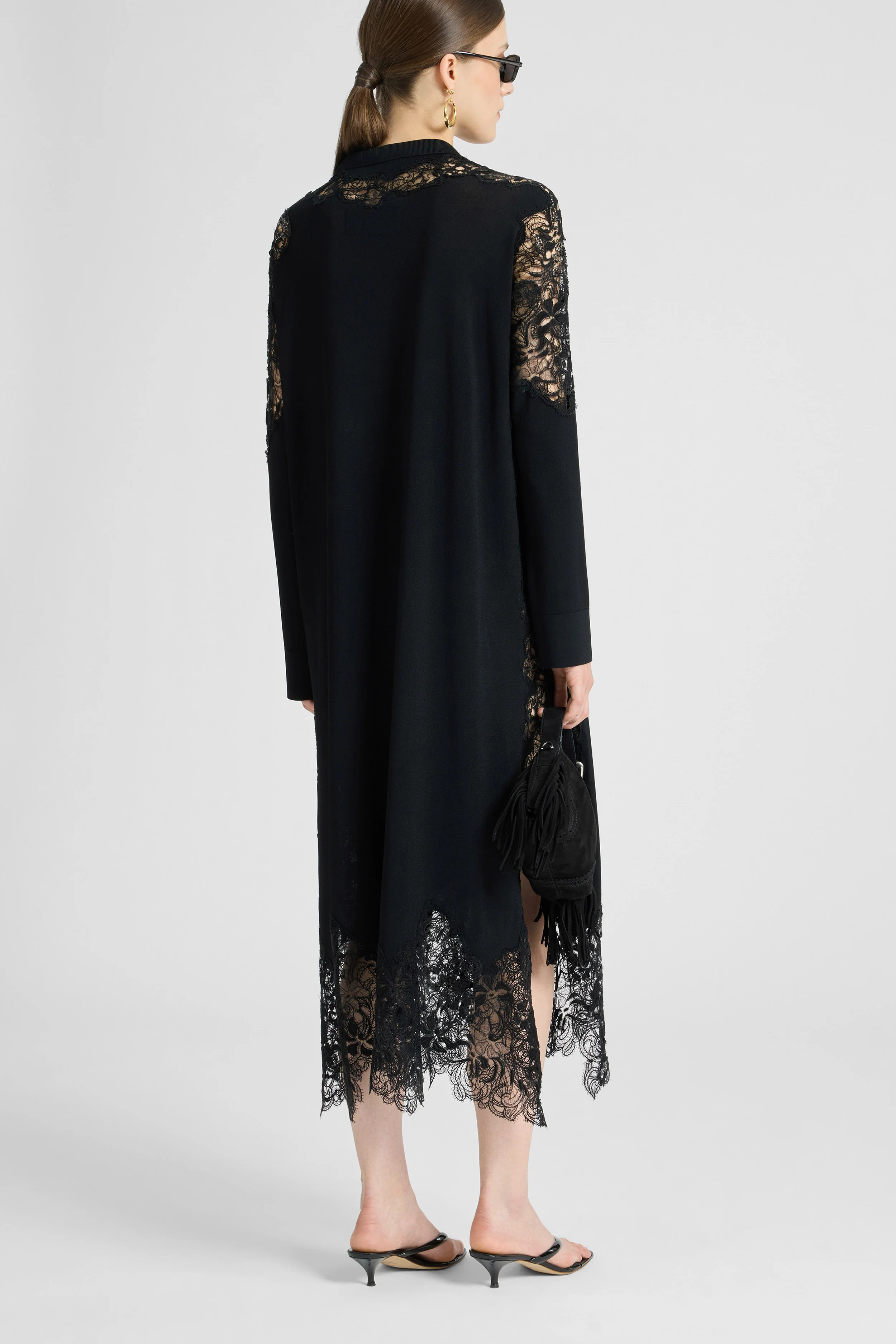 Long chemisier in viscose with lace appliqués and tone-on-tone crystals - Image 5