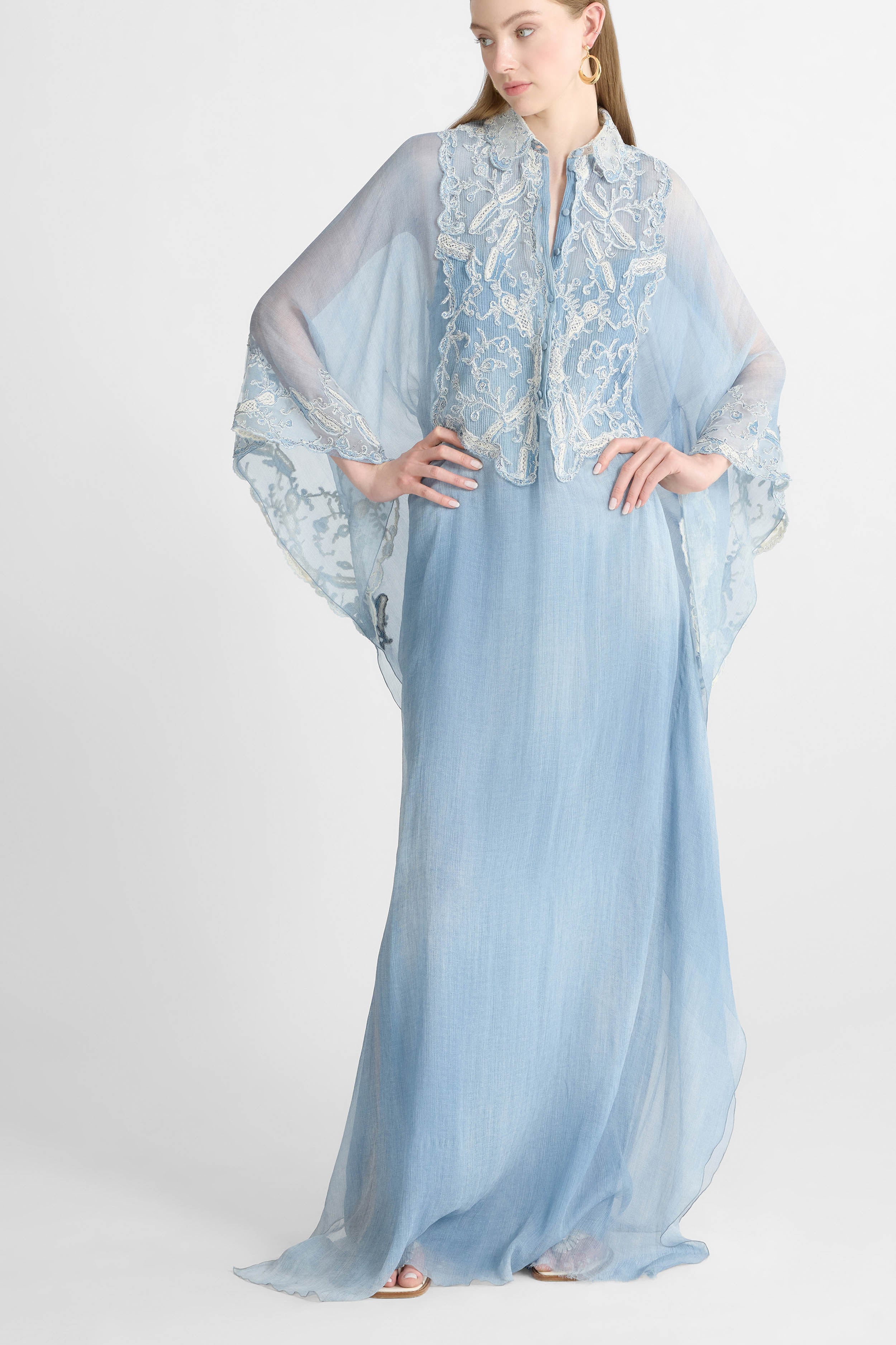 Long Kaftan Dress in Silk Jeans Print with Lace Details - Image 3