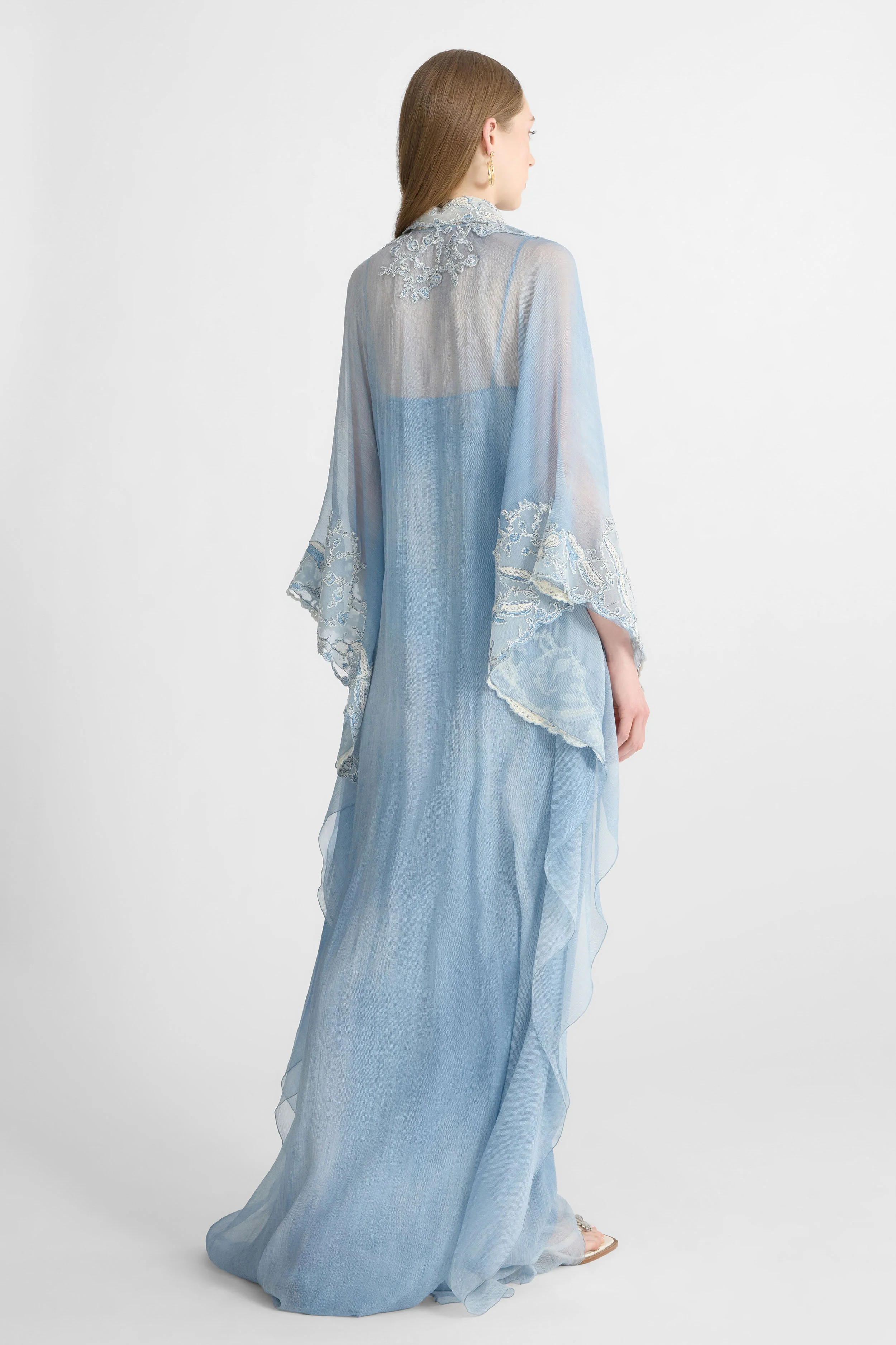 Long Kaftan Dress in Silk Jeans Print with Lace Details - Image 4