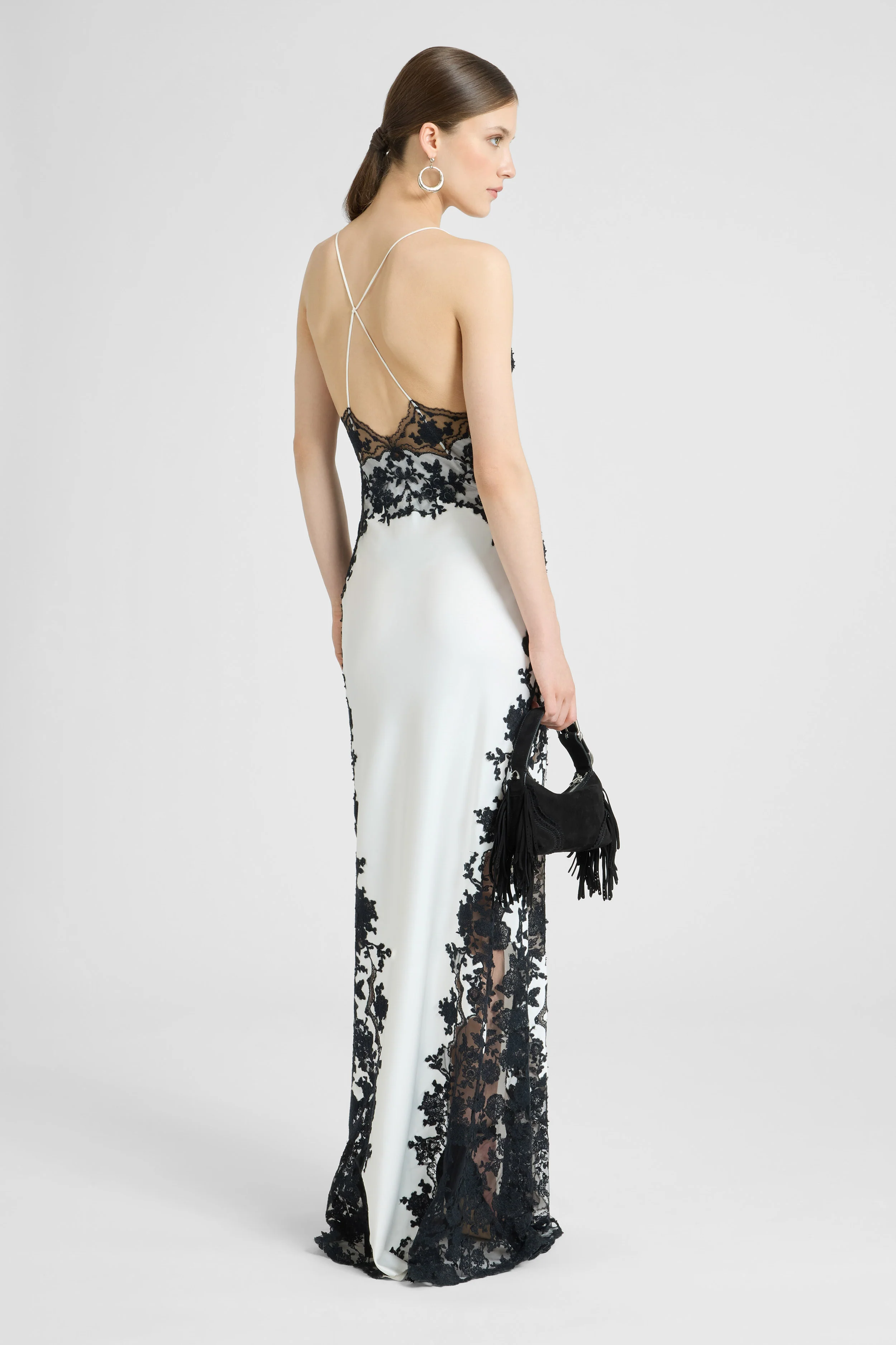 Long lingerie-style dress in pure silk satin with rebrodé lace - Image 5