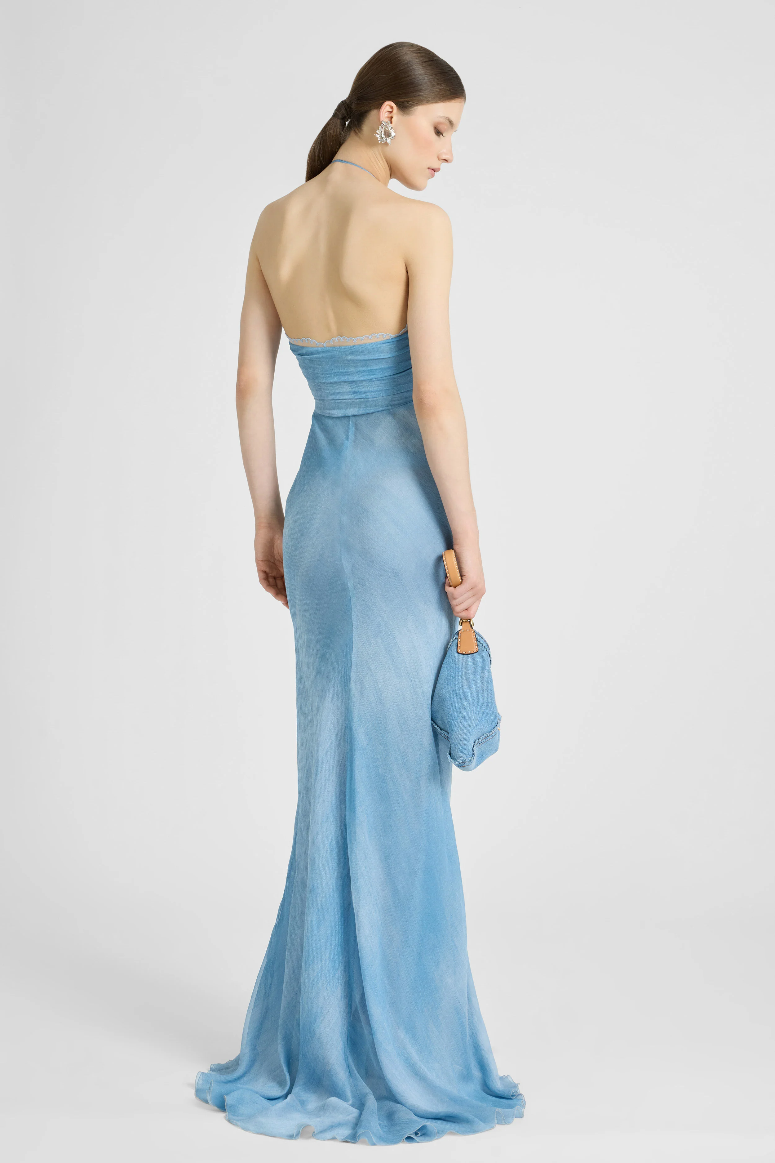 Long Lingerie-Style Dress in Silk Jeans Print with Lace Details - Image 5