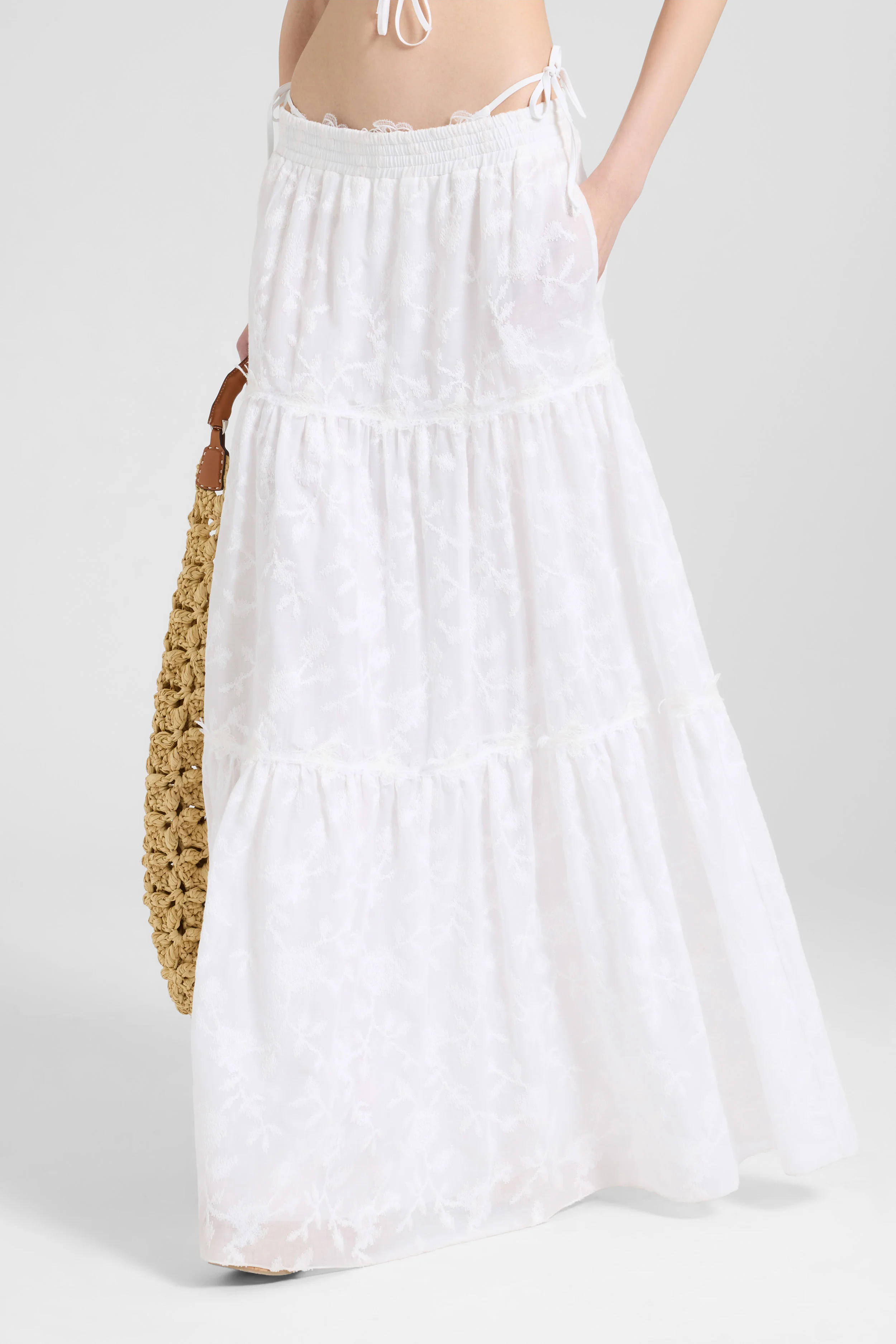 Long skirt in pure cotton voile with drawstring waist and tiered ruffles - Image 3