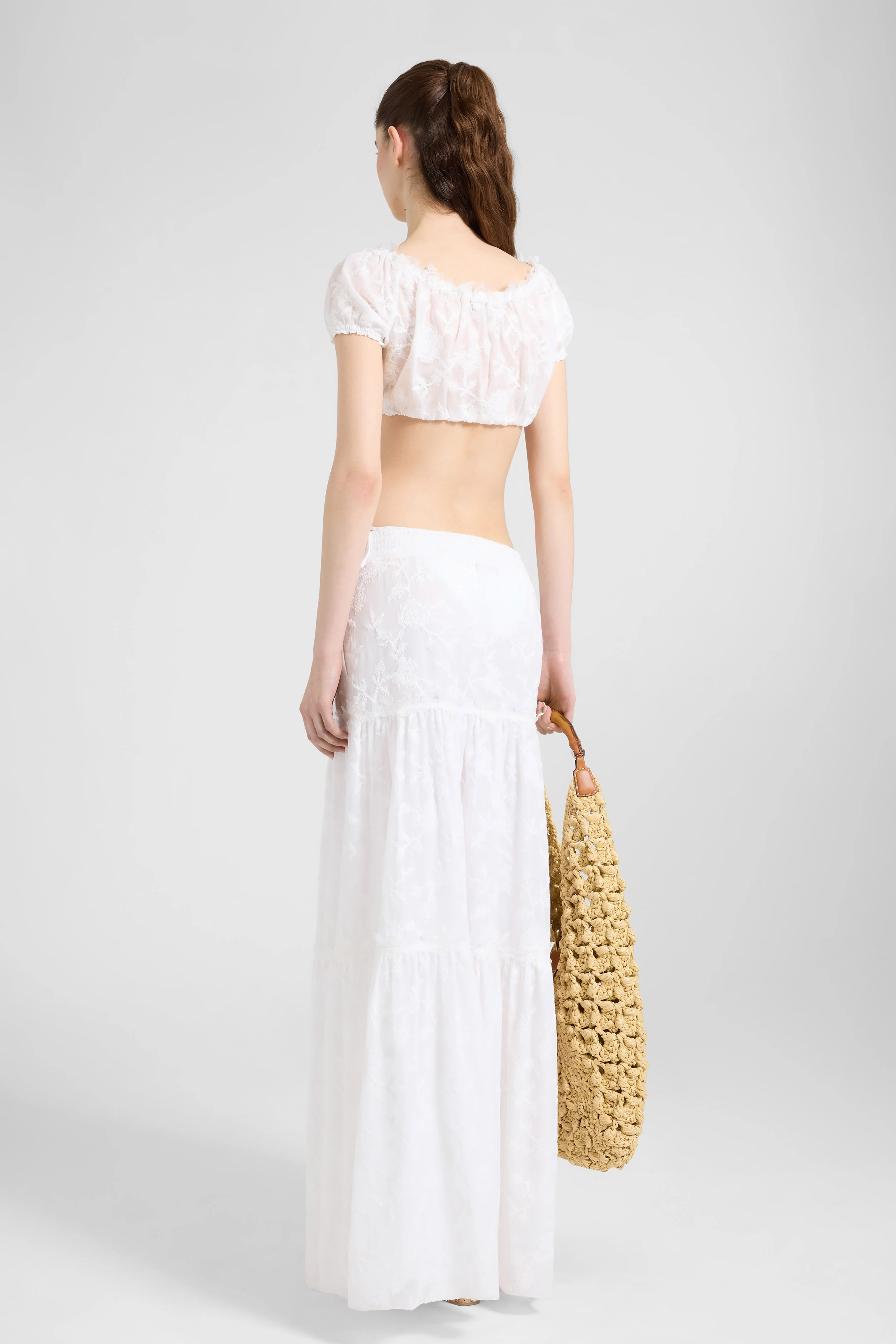 Long skirt in pure cotton voile with drawstring waist and tiered ruffles - Image 5