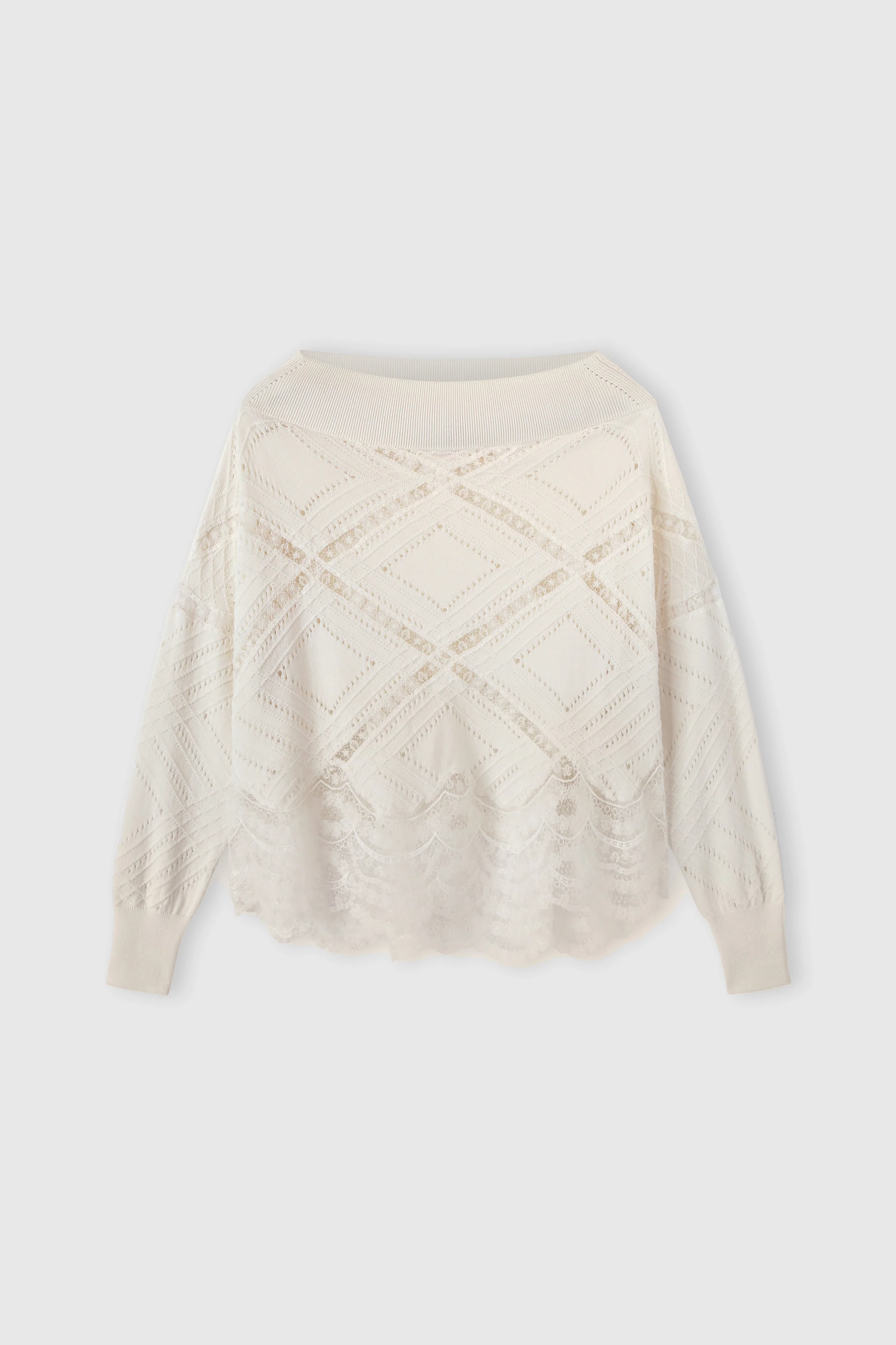 Long-sleeve sweater in cotton, silk and lace