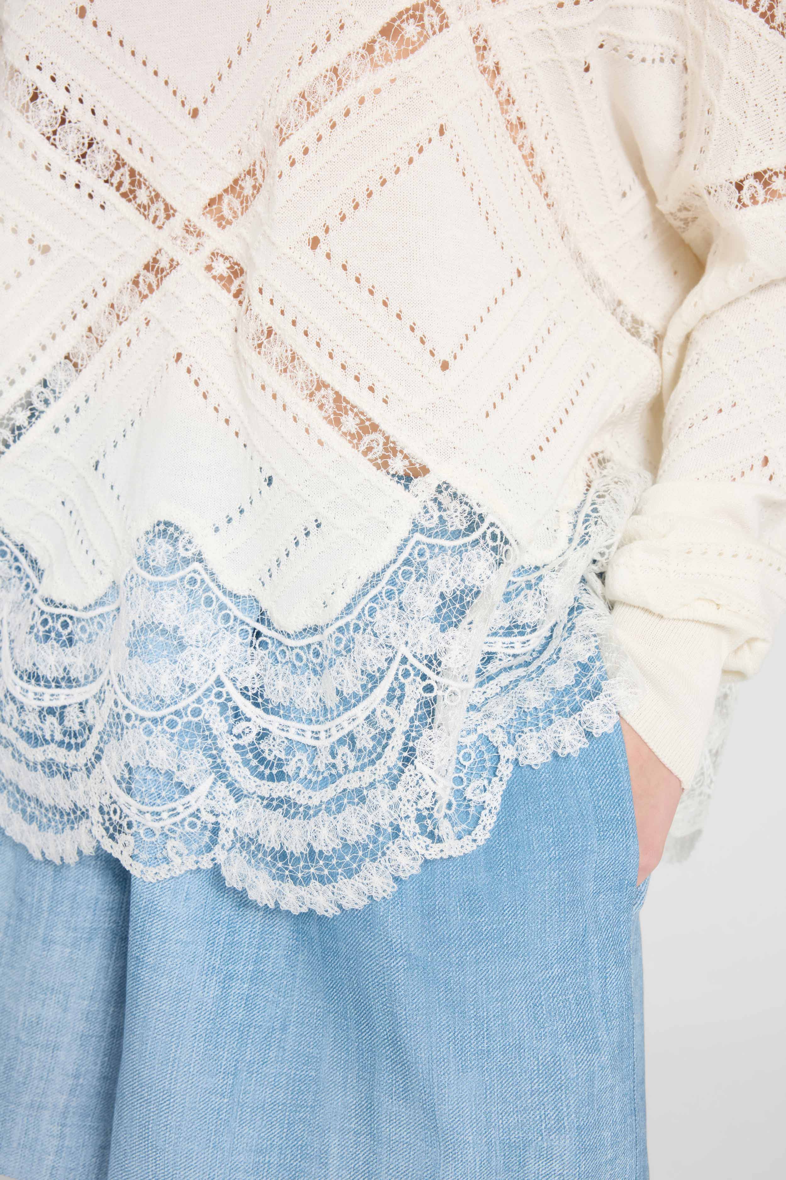 Long-sleeve sweater in cotton, silk and lace - Image 4